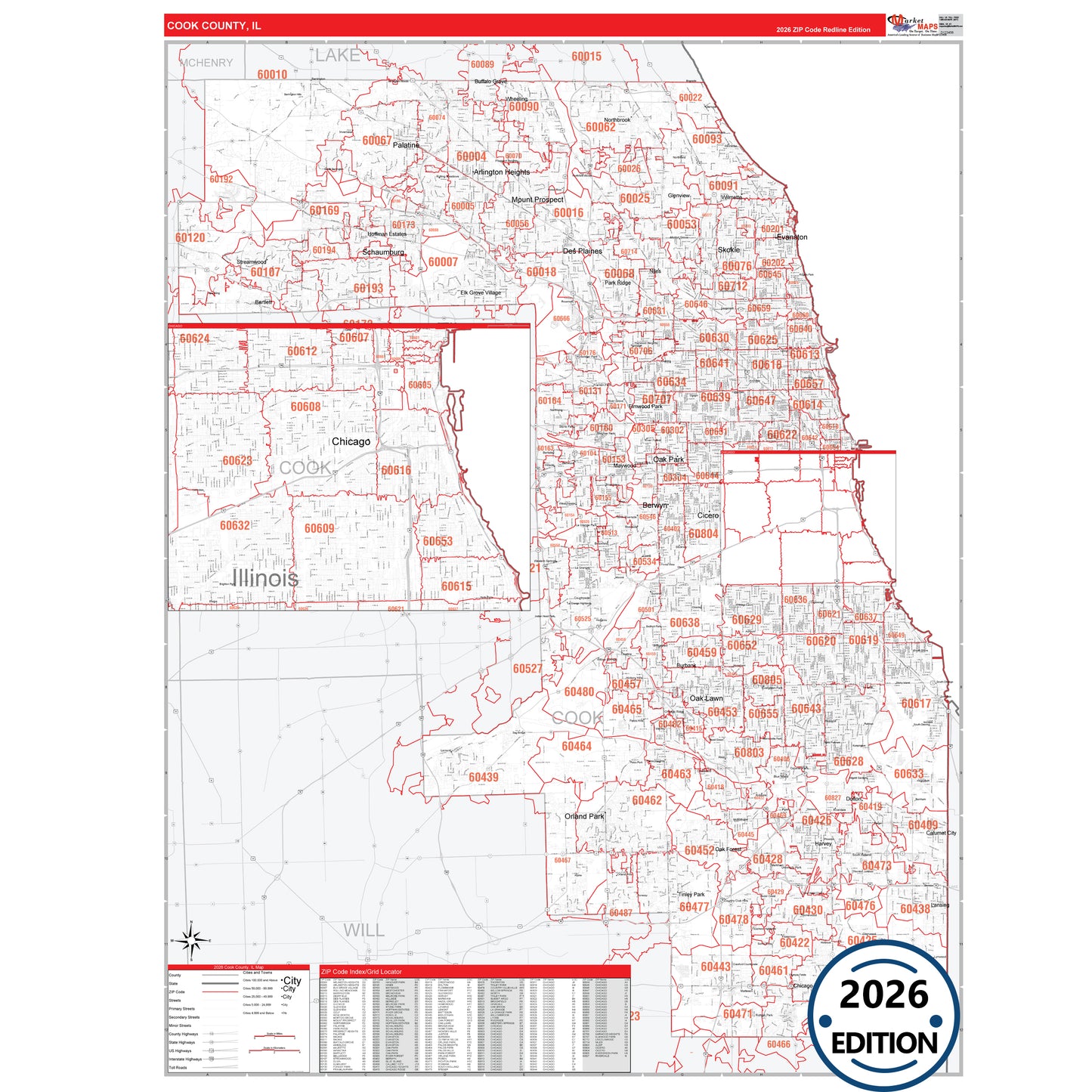 Cook County, IL Red Line map with detailed roads, cities, and ZIP code boundaries.