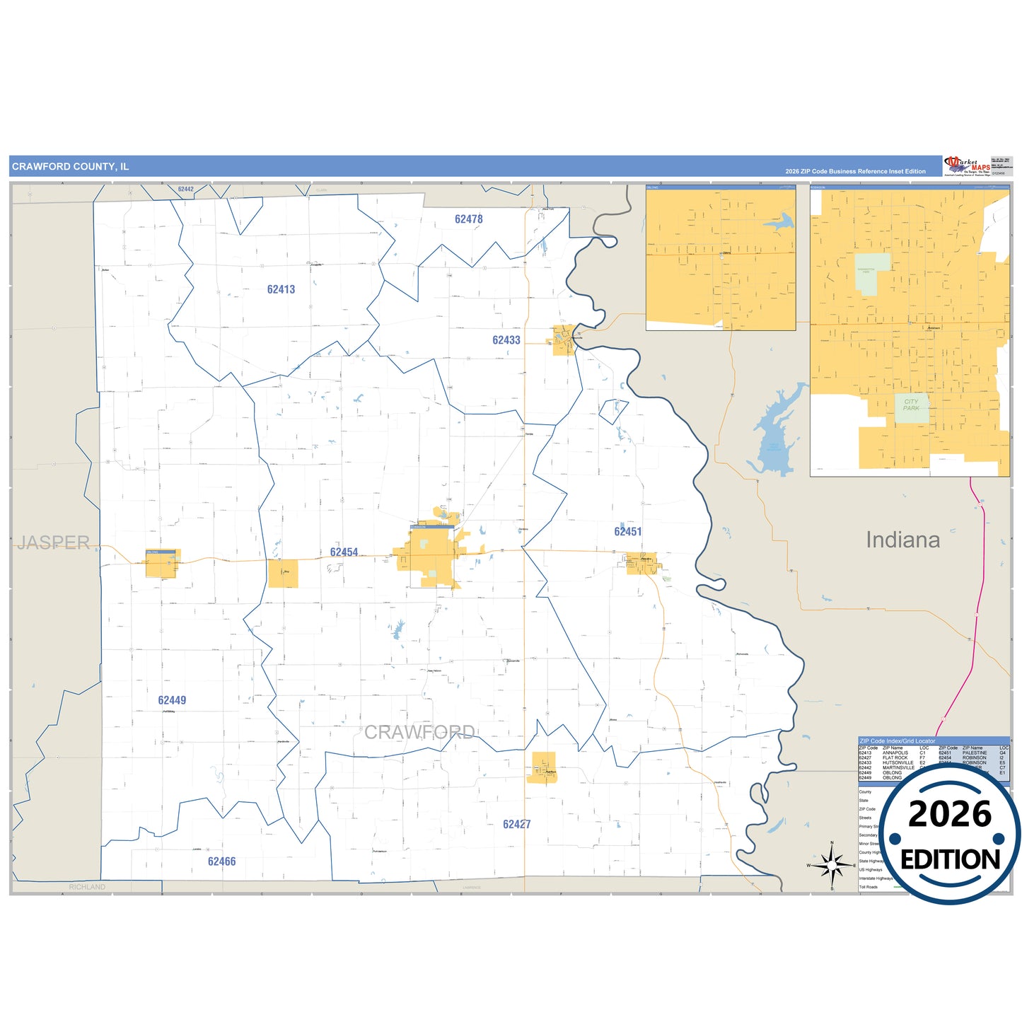 Crawford County, IL Business Reference 5 Digit ZIP Code Wall Map