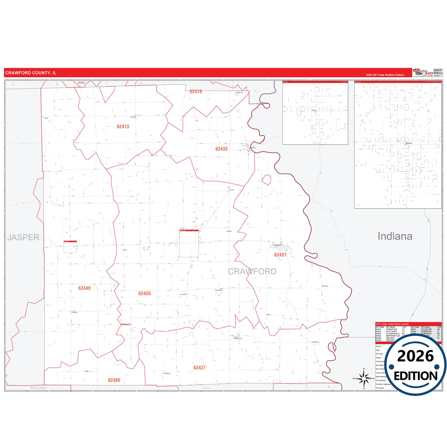 Crawford County, IL Red Line 5 Digit ZIP Code Wall Map