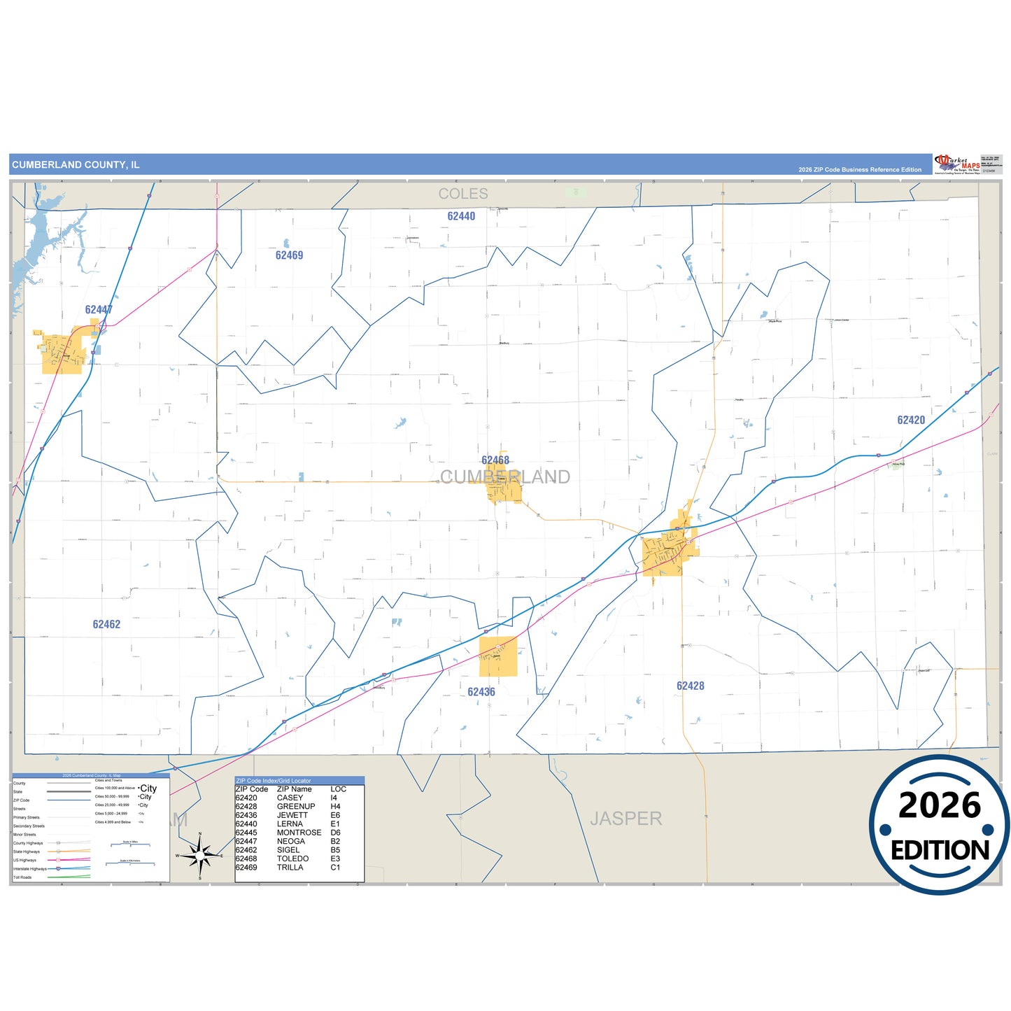 Cumberland County, IL Business Reference 5 Digit ZIP Code Wall Map