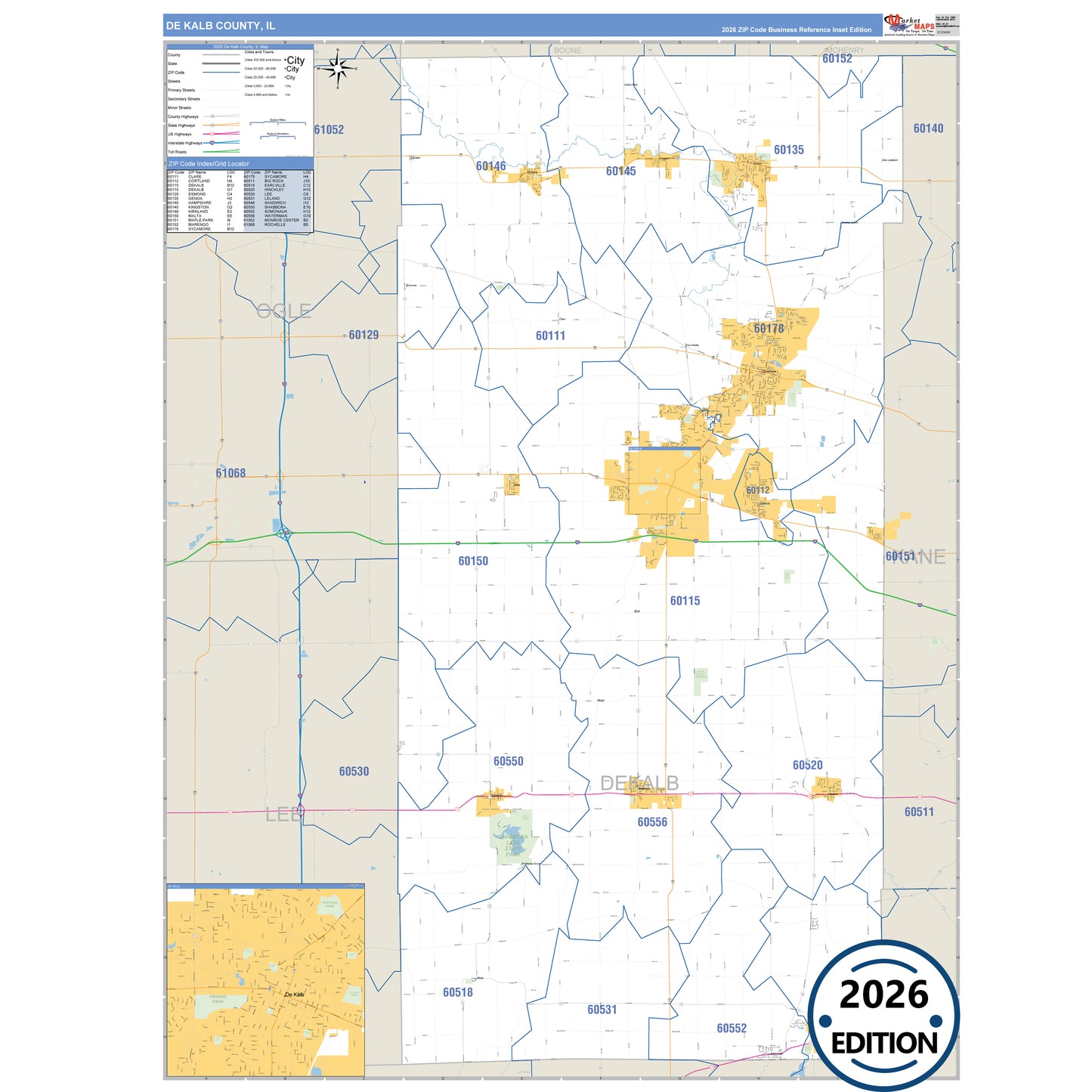 De Witt County, IL Business Reference 5 Digit ZIP Code Wall Map