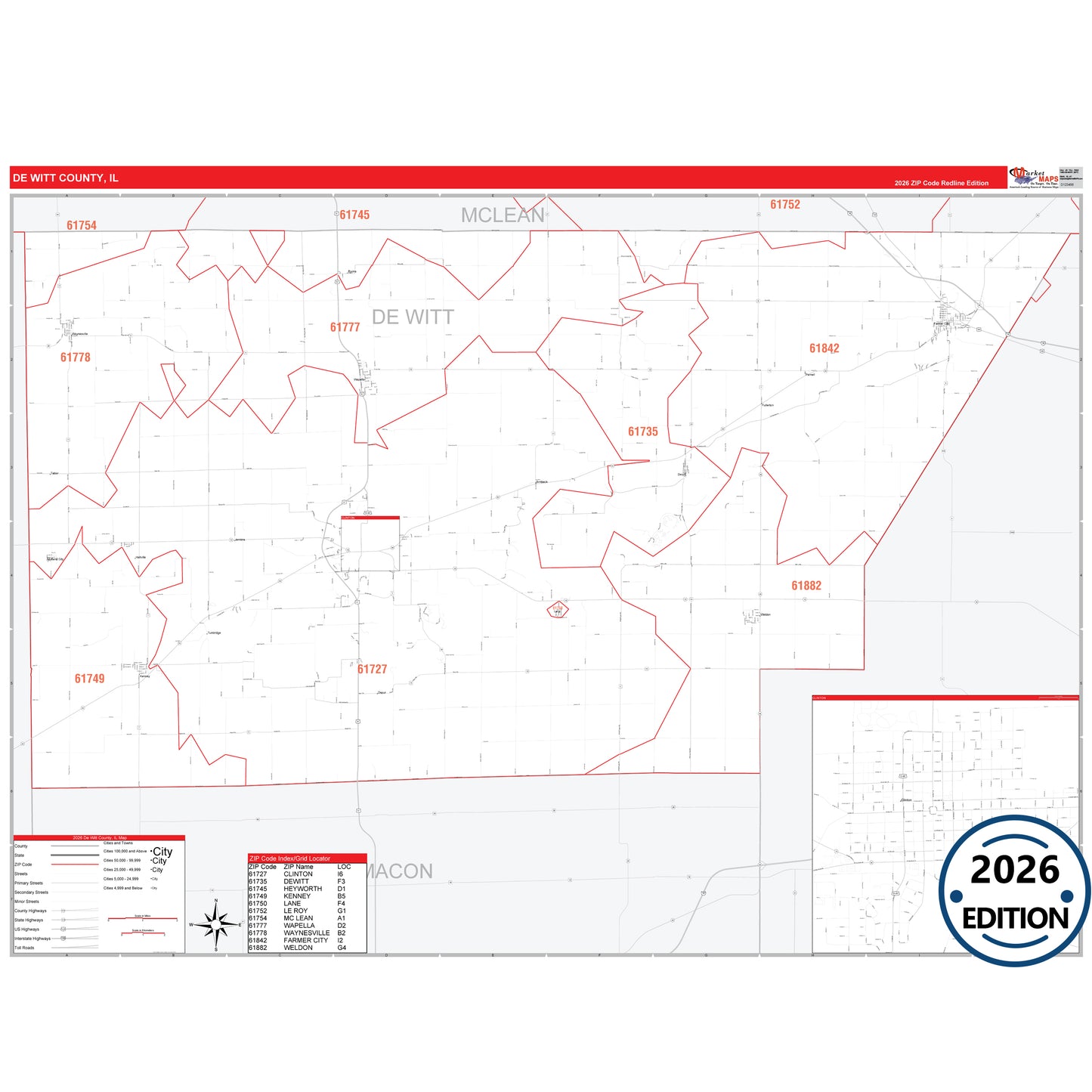 DeKalb County, IL Red Line 5 Digit ZIP Code Wall Map