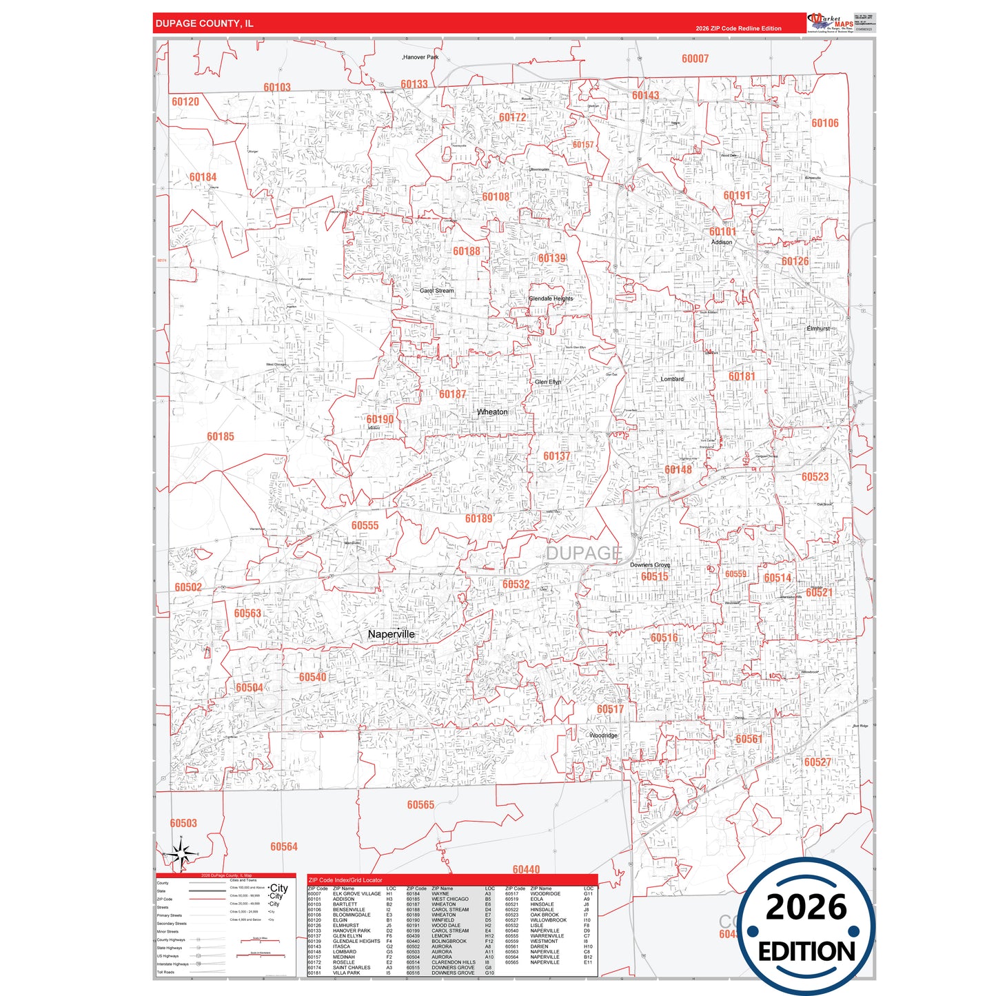DuPage County, IL Red Line 5 Digit ZIP Code Wall Map