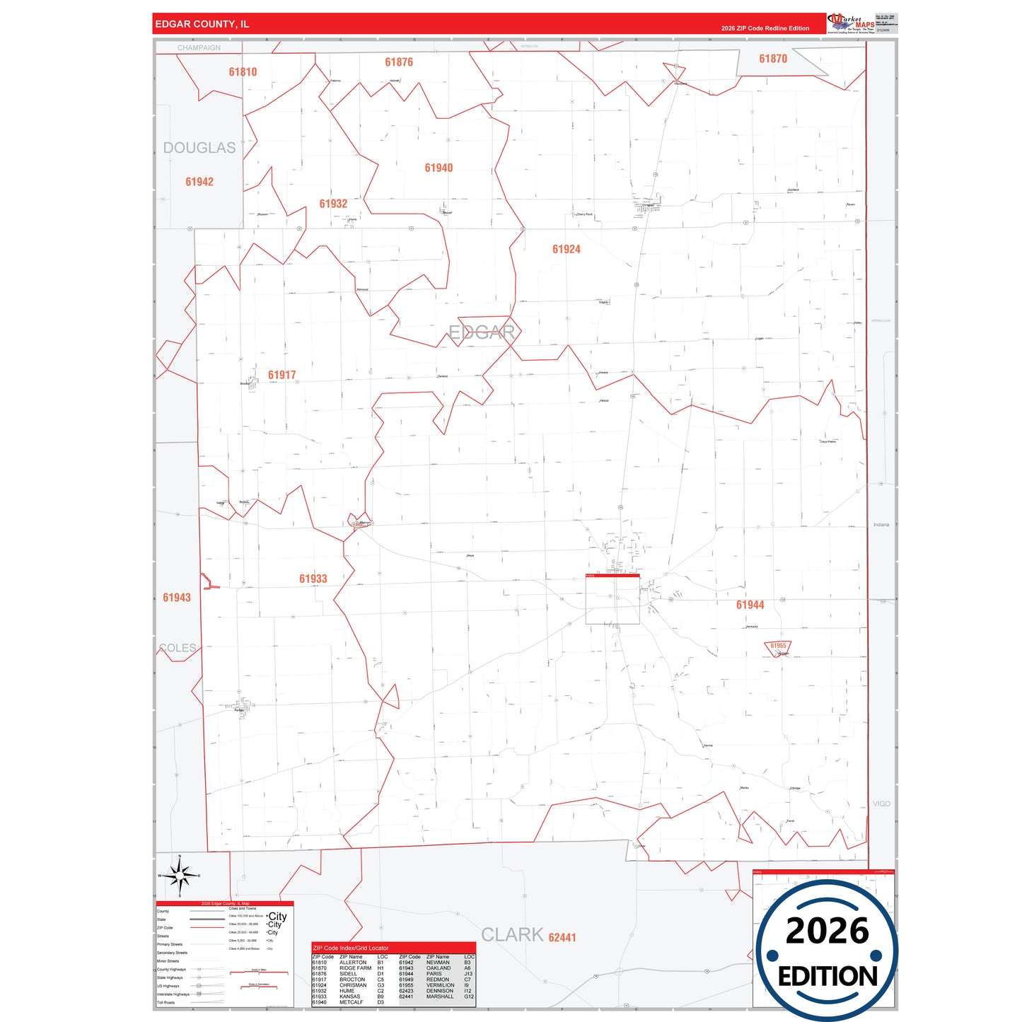 Edgar County, IL Red Line 5 Digit ZIP Code Wall Map