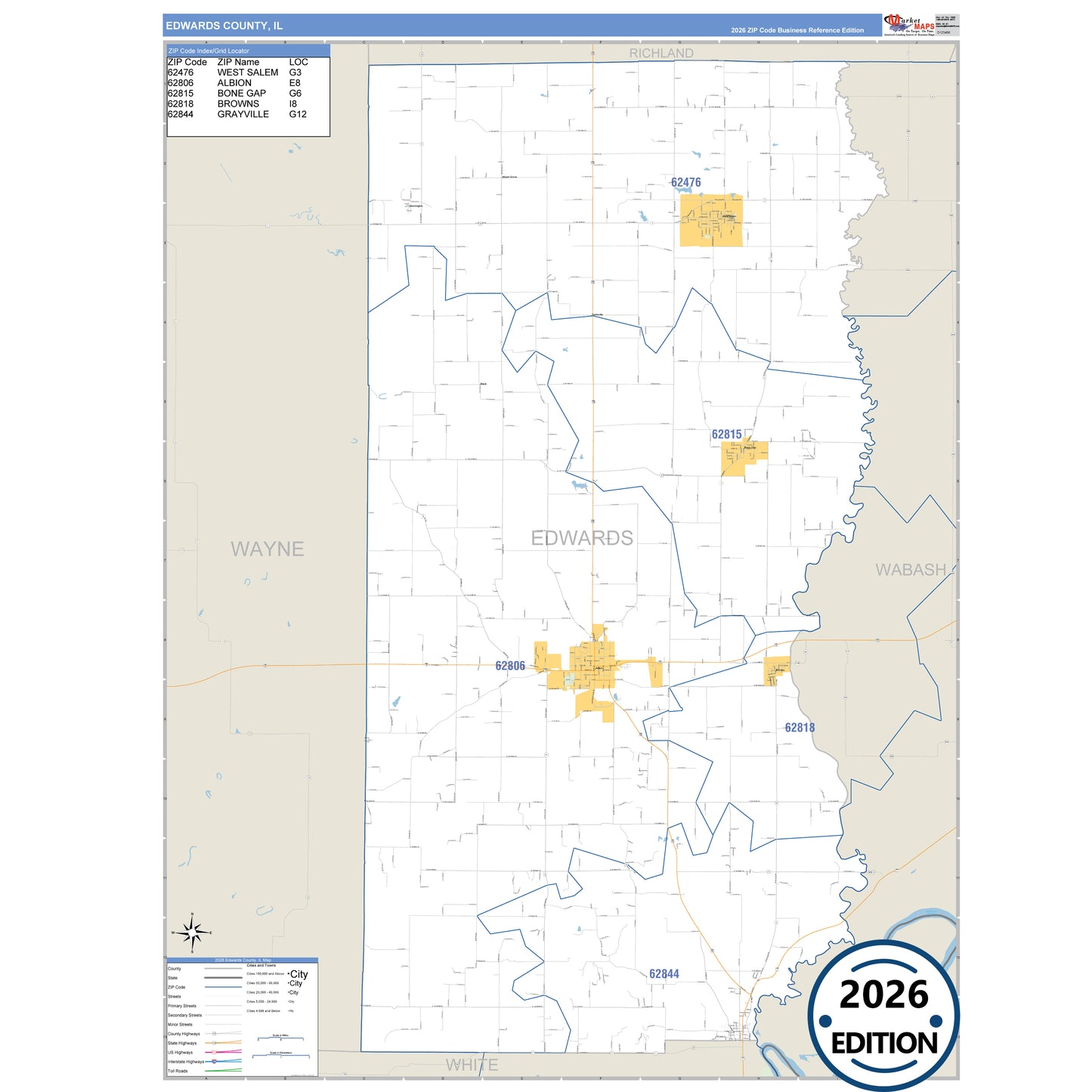 Edwards County, IL Business Reference 5 Digit ZIP Code Wall Map