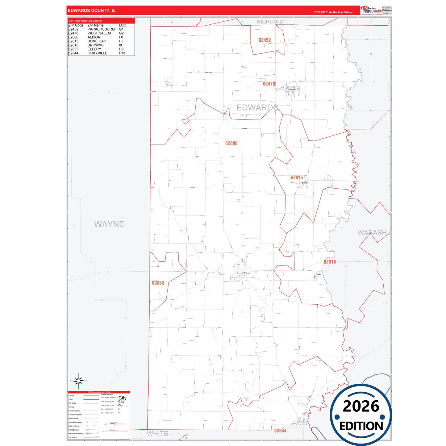 Edwards County, IL Red Line 5 Digit ZIP Code Wall Map