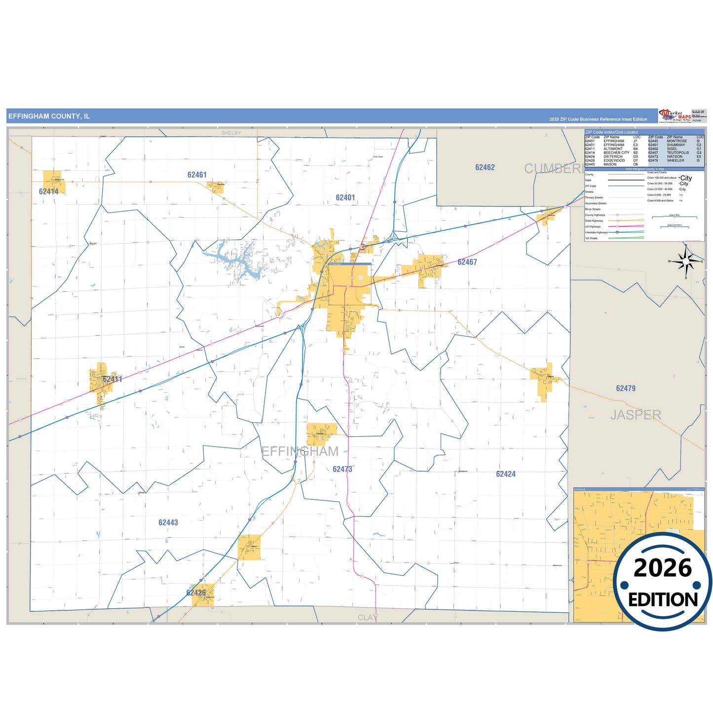 Effingham County, IL Business Reference 5 Digit ZIP Code Wall Map
