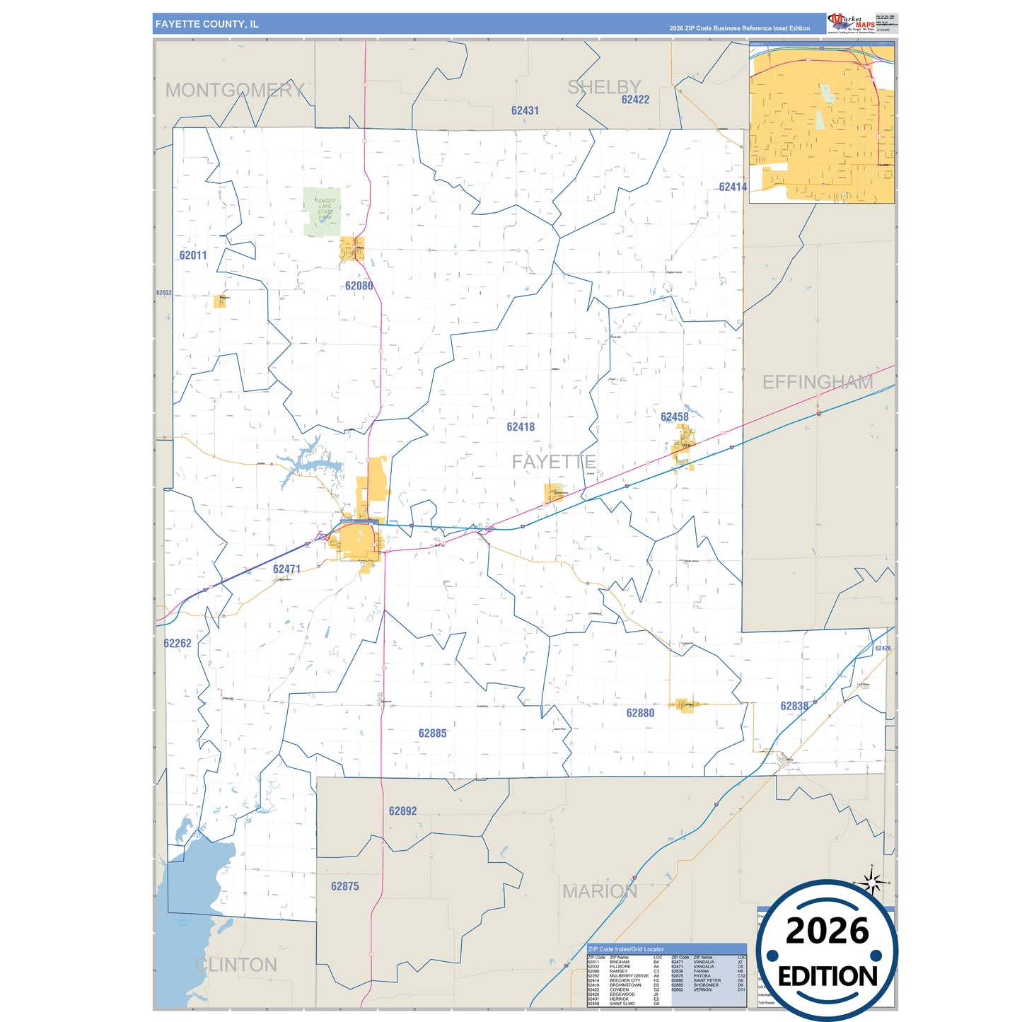 Fayette County, IL Business Reference 5 Digit ZIP Code Wall Map