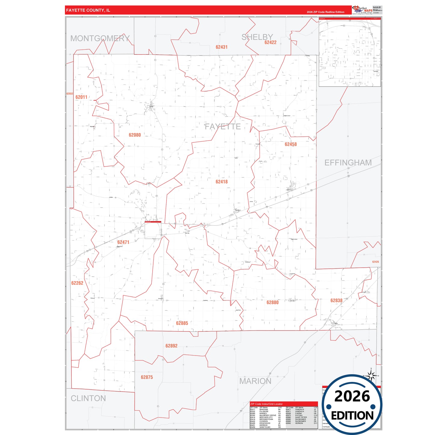 Fayette County, IL Red Line 5 Digit ZIP Code Wall Map