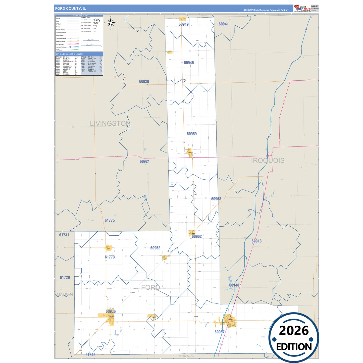 Ford County, IL Business Reference 5 Digit ZIP Code Wall Map