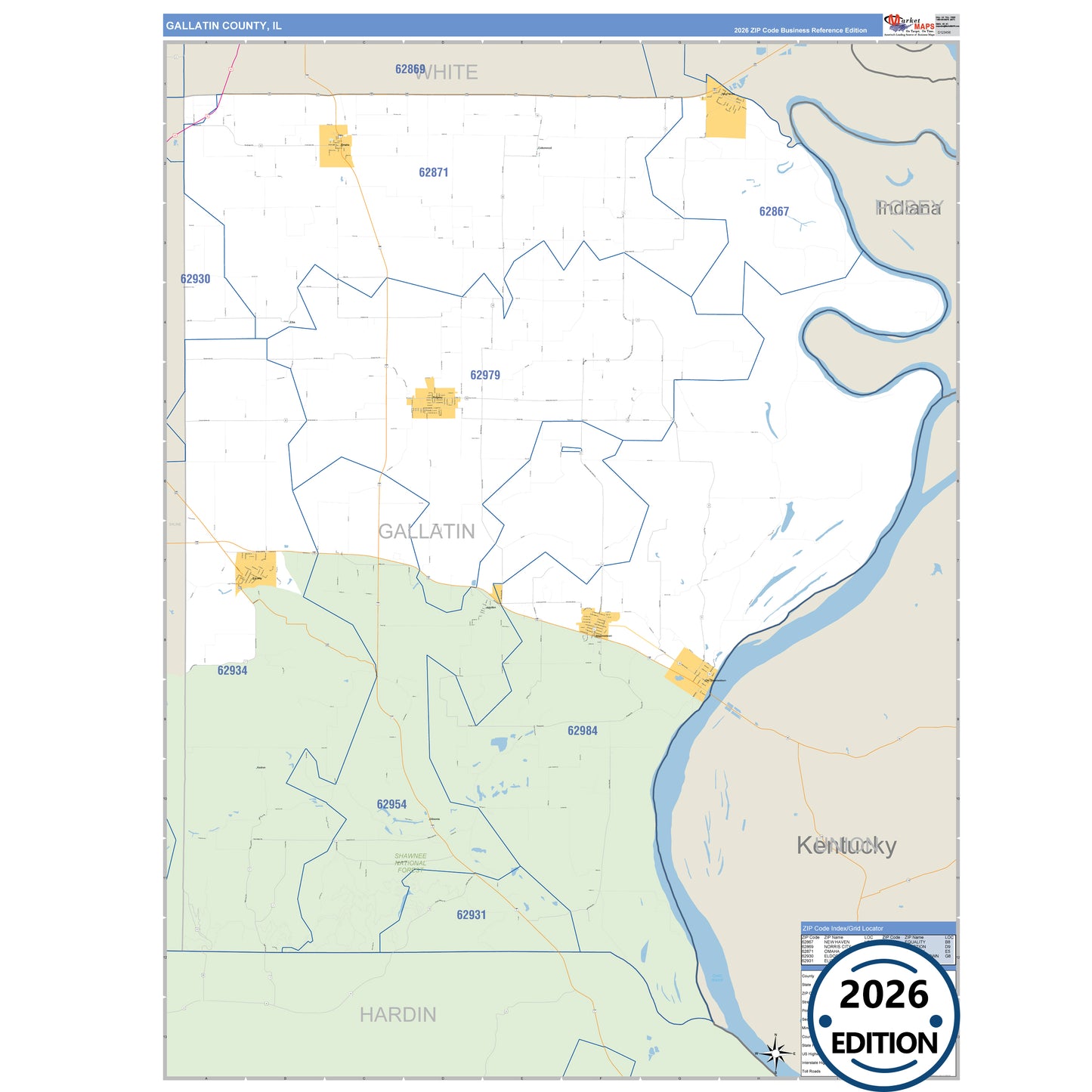 Gallatin County, IL Business Reference 5 Digit ZIP Code Wall Map