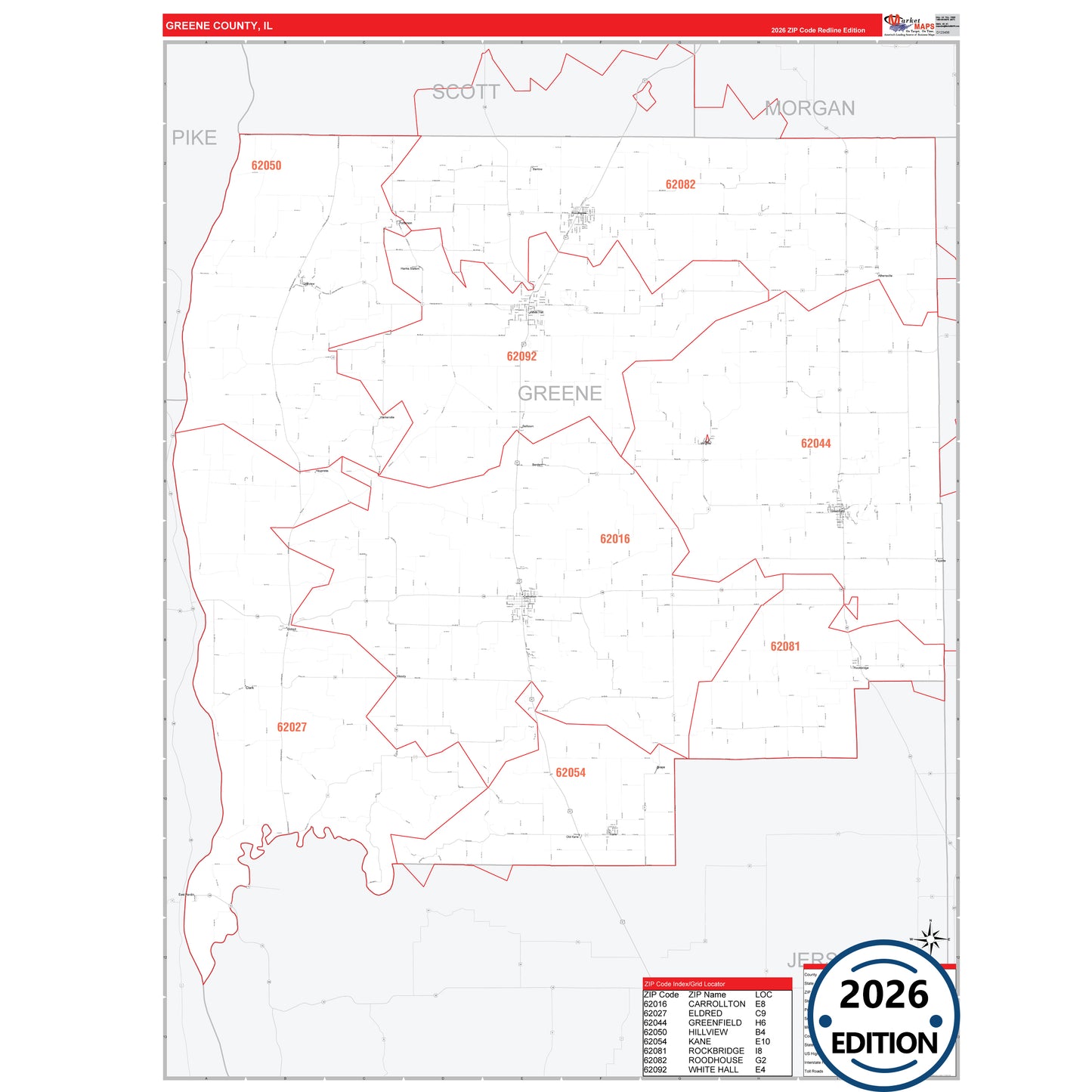 Greene County, IL Red Line 5 Digit ZIP Code Wall Map