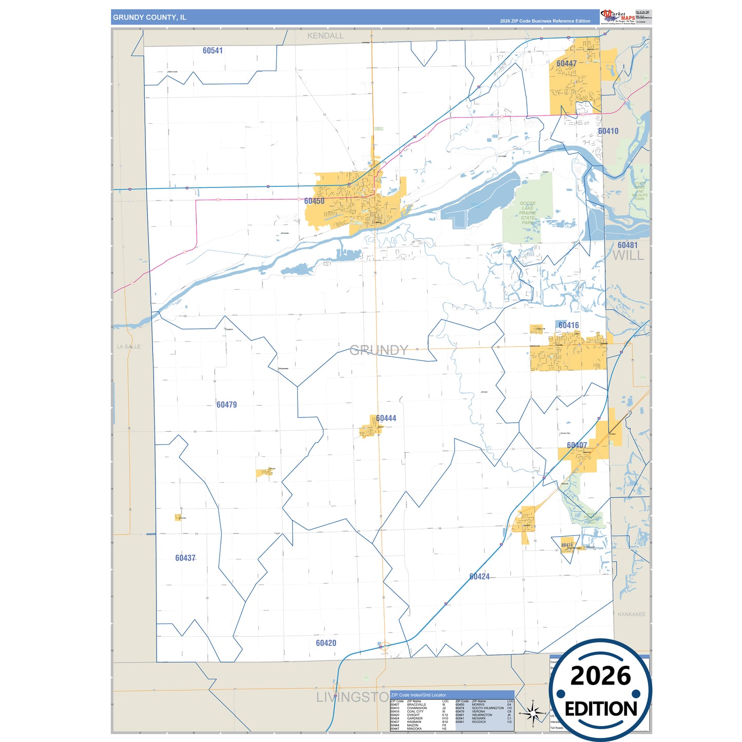 Grundy County, IL Business Reference 5 Digit ZIP Code Wall Map