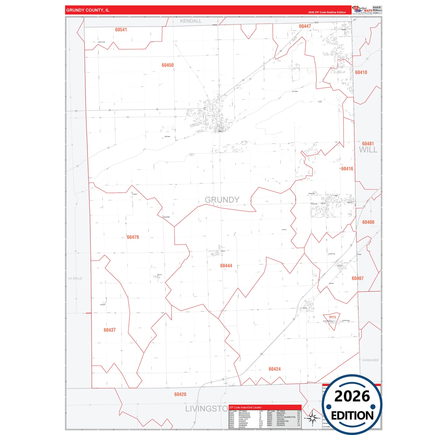 Grundy County, IL Red Line 5 Digit ZIP Code Wall Map