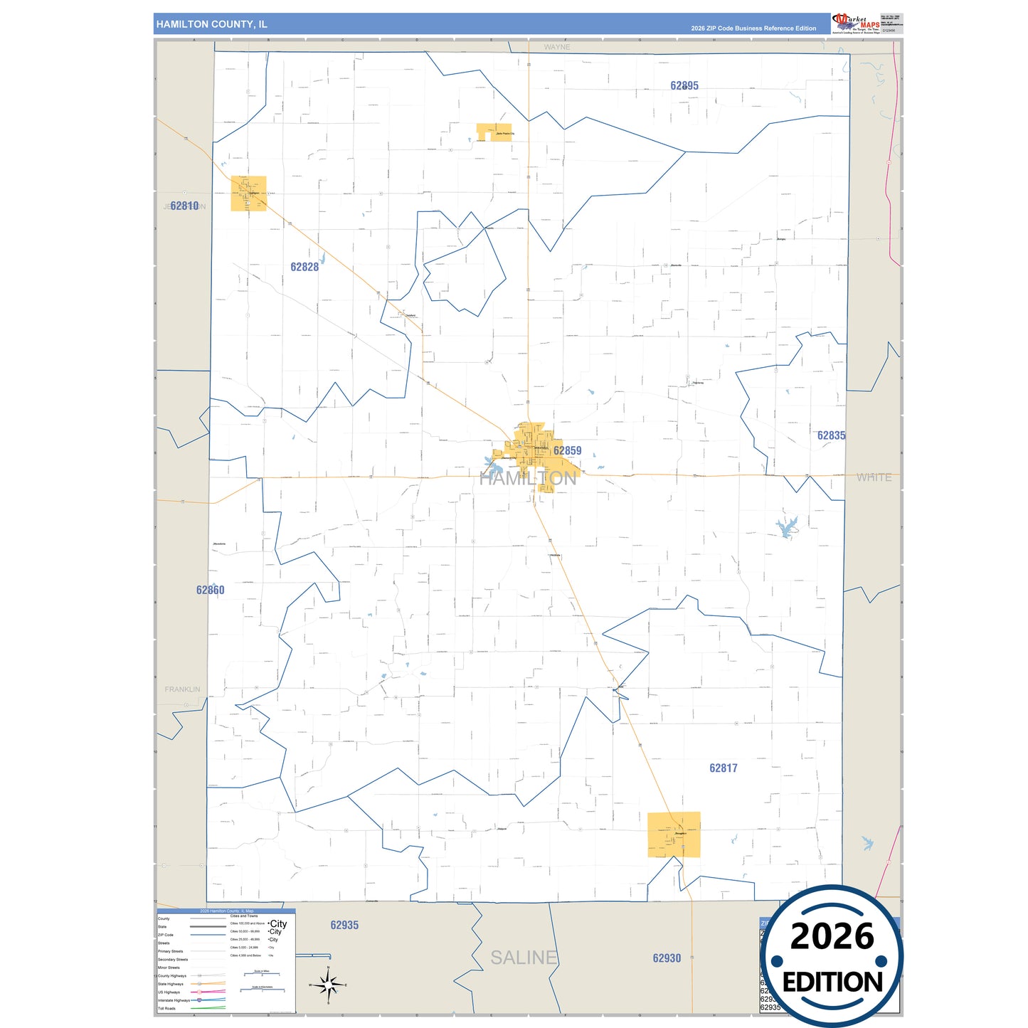 Hamilton County, IL Business Reference 5 Digit ZIP Code Wall Map
