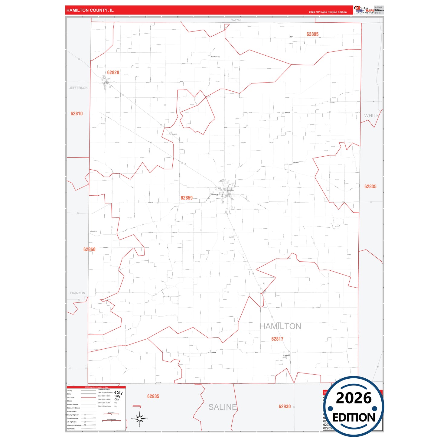 Hamilton County, IL Red Line 5 Digit ZIP Code Wall Map