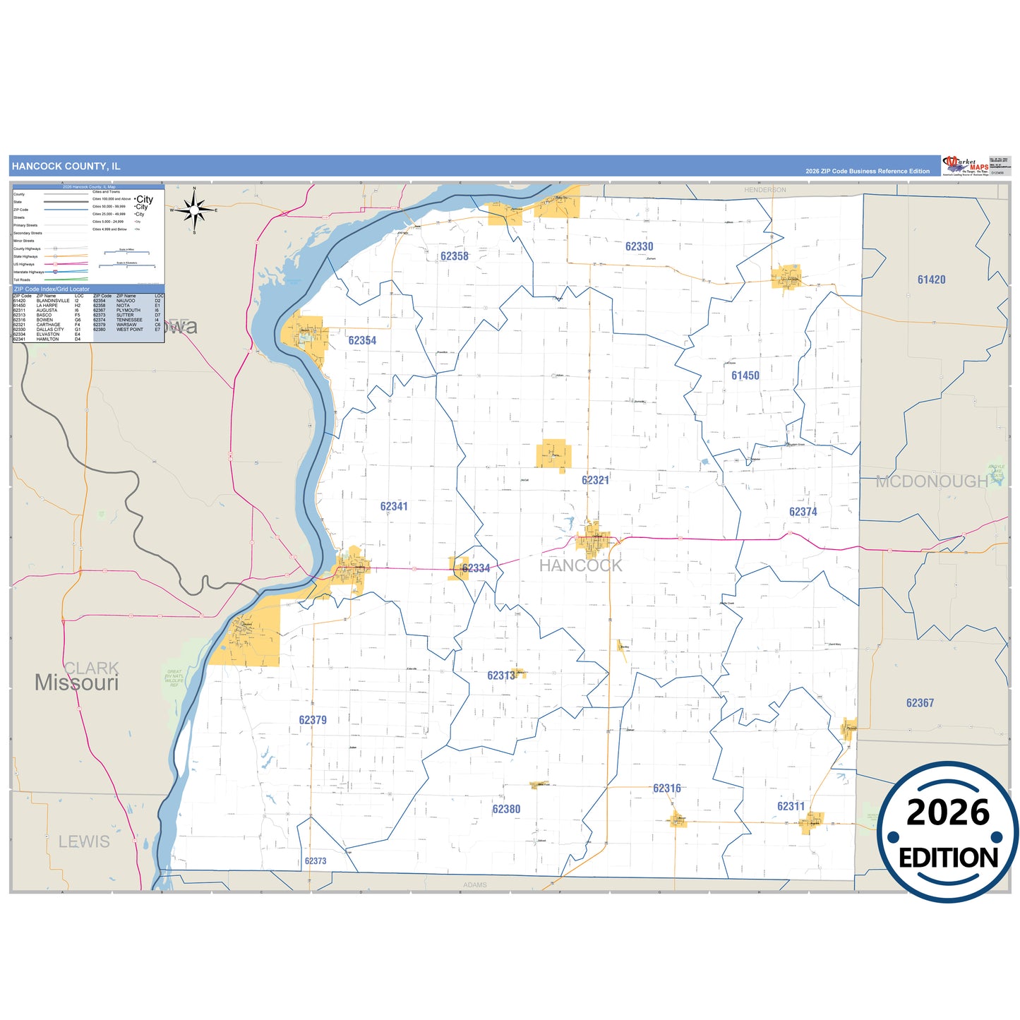 Hancock County, IL Business Reference 5 Digit ZIP Code Wall Map