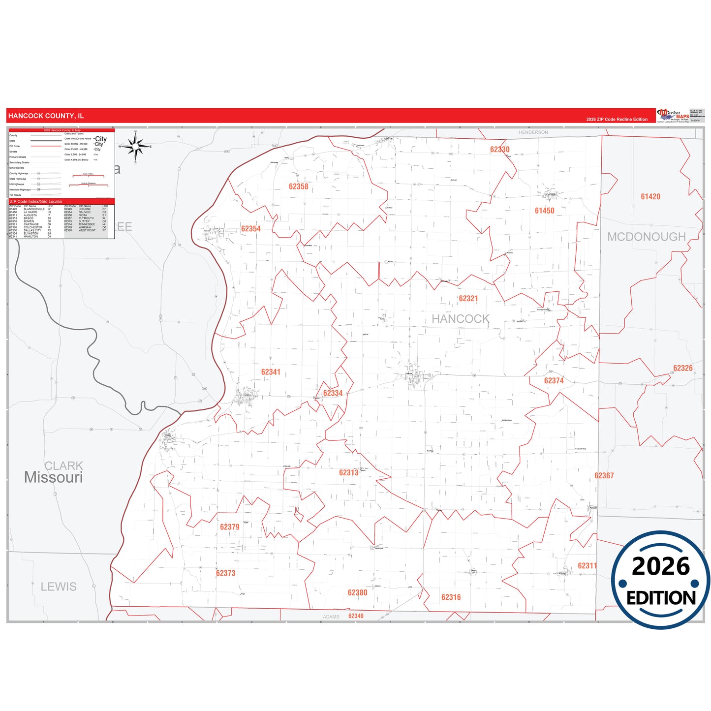 Hancock County, IL Red Line 5 Digit ZIP Code Wall Map