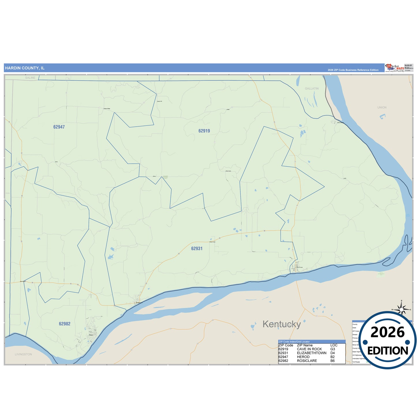 Hardin County, IL Business Reference 5 Digit ZIP Code Wall Map