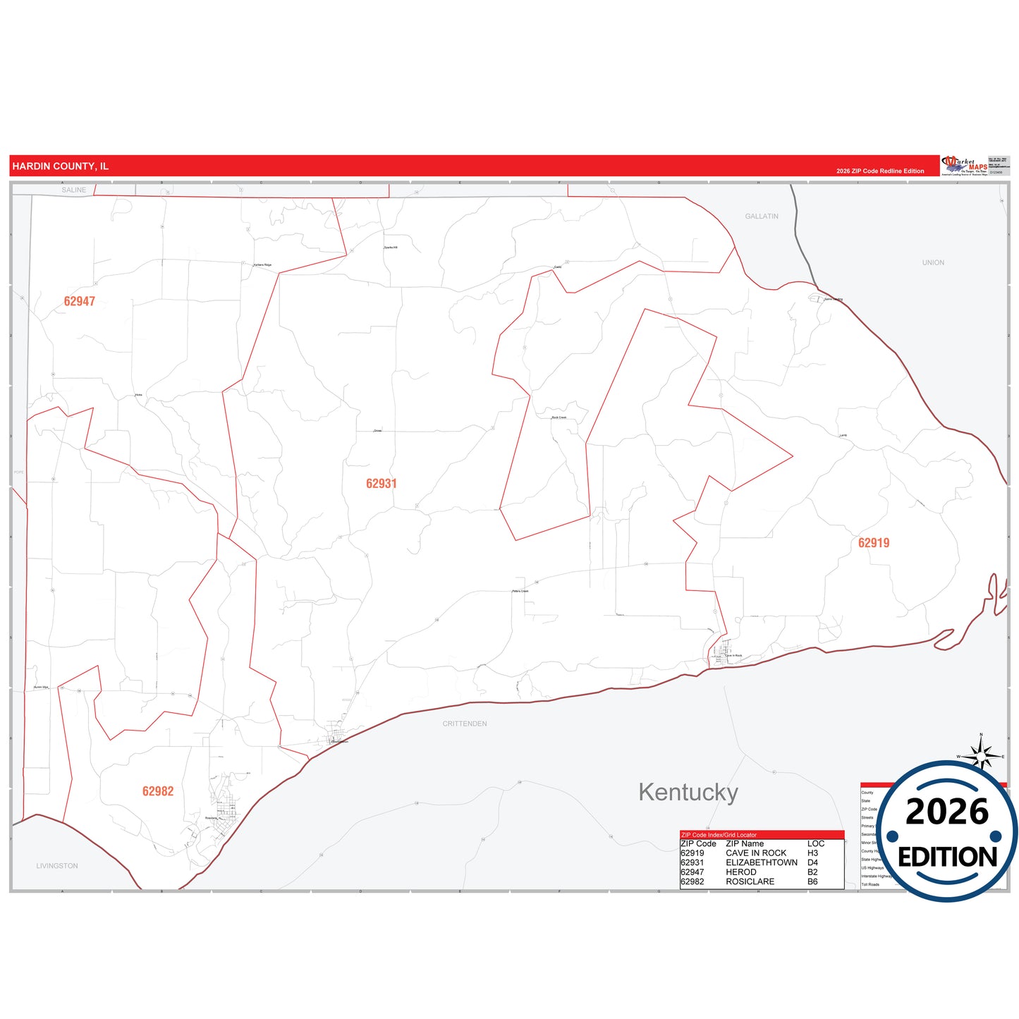 Hardin County, IL Red Line 5 Digit ZIP Code Wall Map