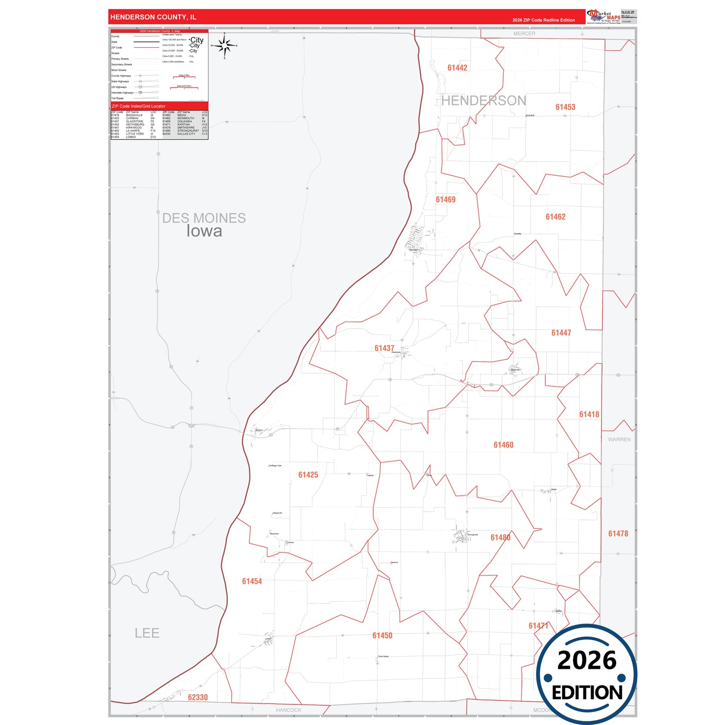 Henderson County, IL Red Line 5 Digit ZIP Code Wall Map