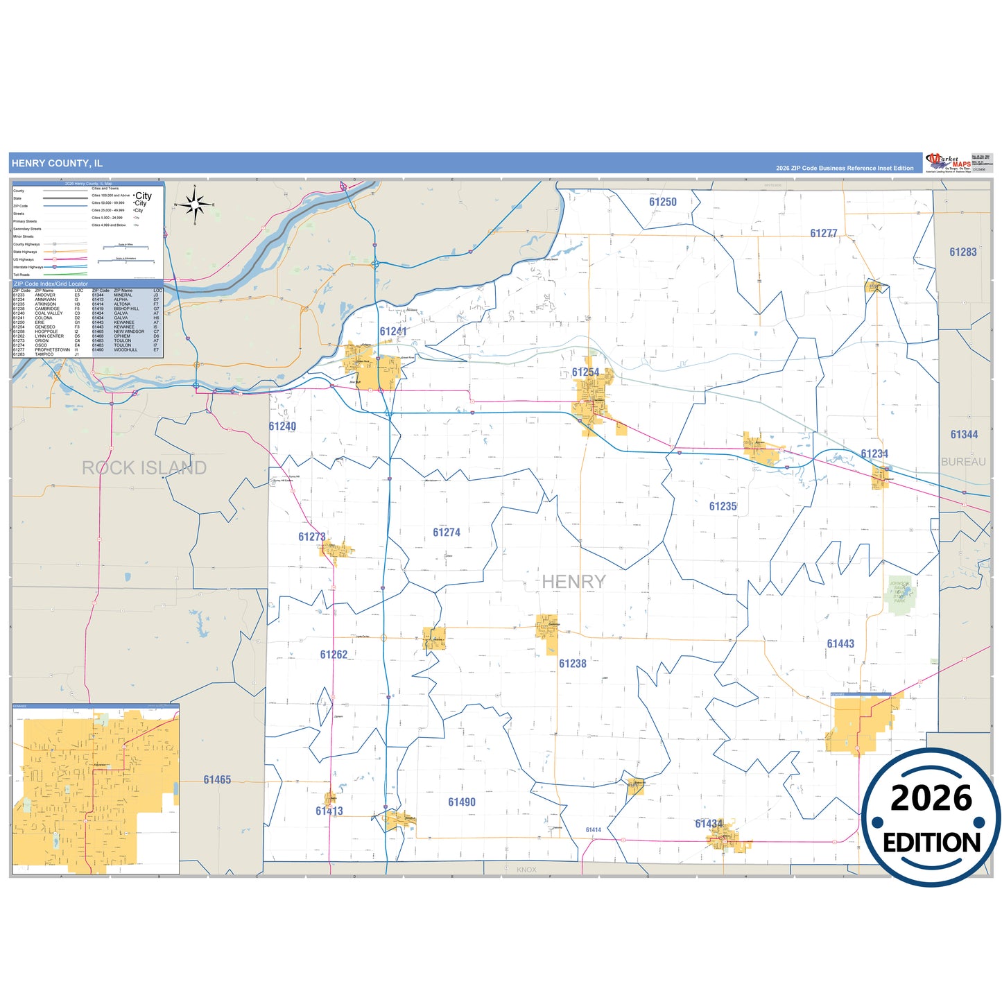 Henry County, IL Business Reference 5 Digit ZIP Code Wall Map