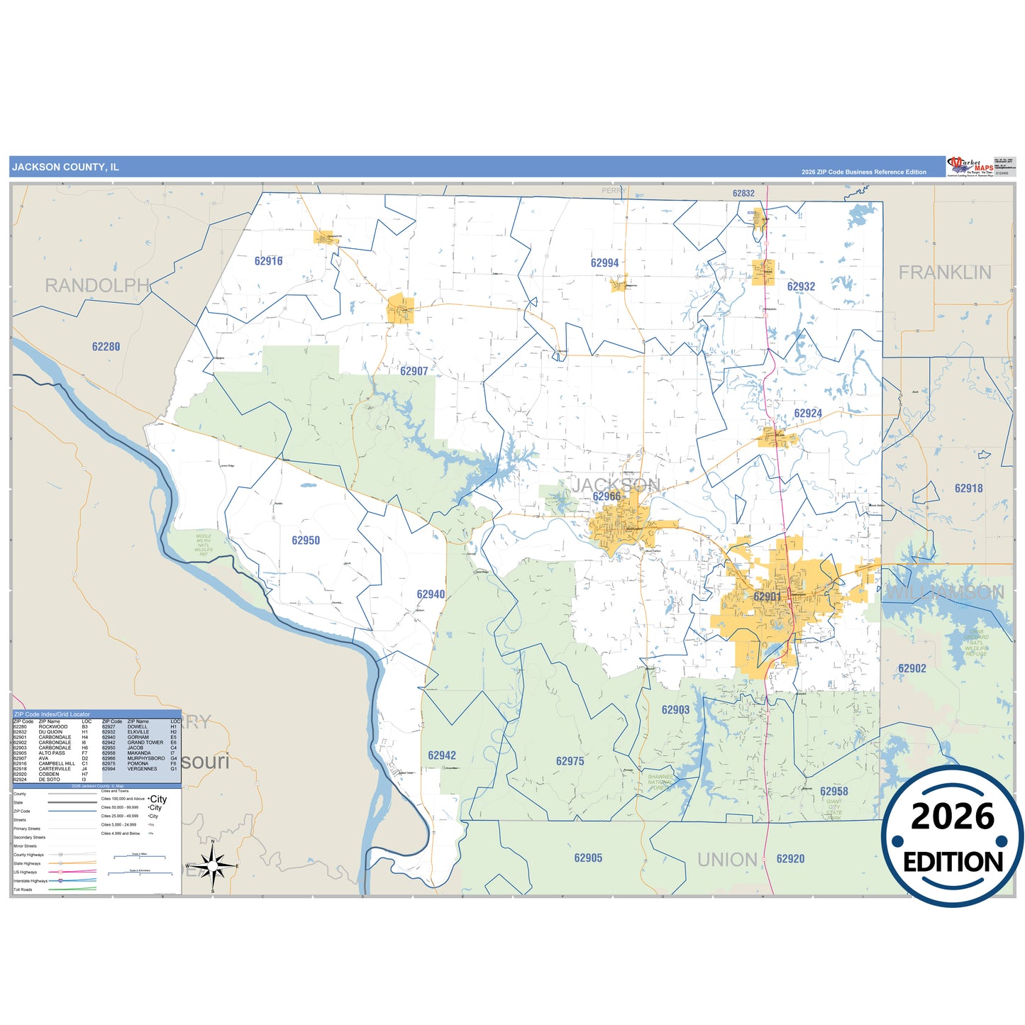 Jackson County, IL Business Reference map with detailed roads, cities, and ZIP code boundaries.