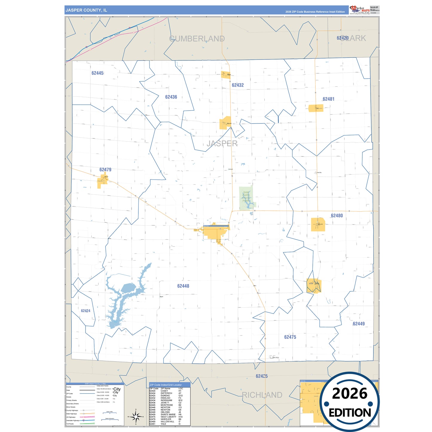 Jasper County, IL Business Reference 5 Digit ZIP Code Wall Map
