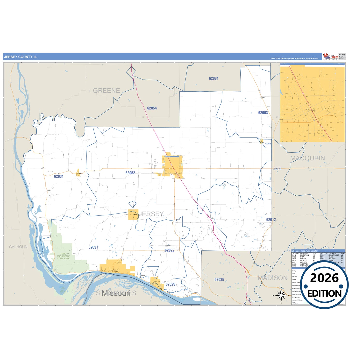 Jersey County, IL Business Reference 5 Digit ZIP Code Wall Map