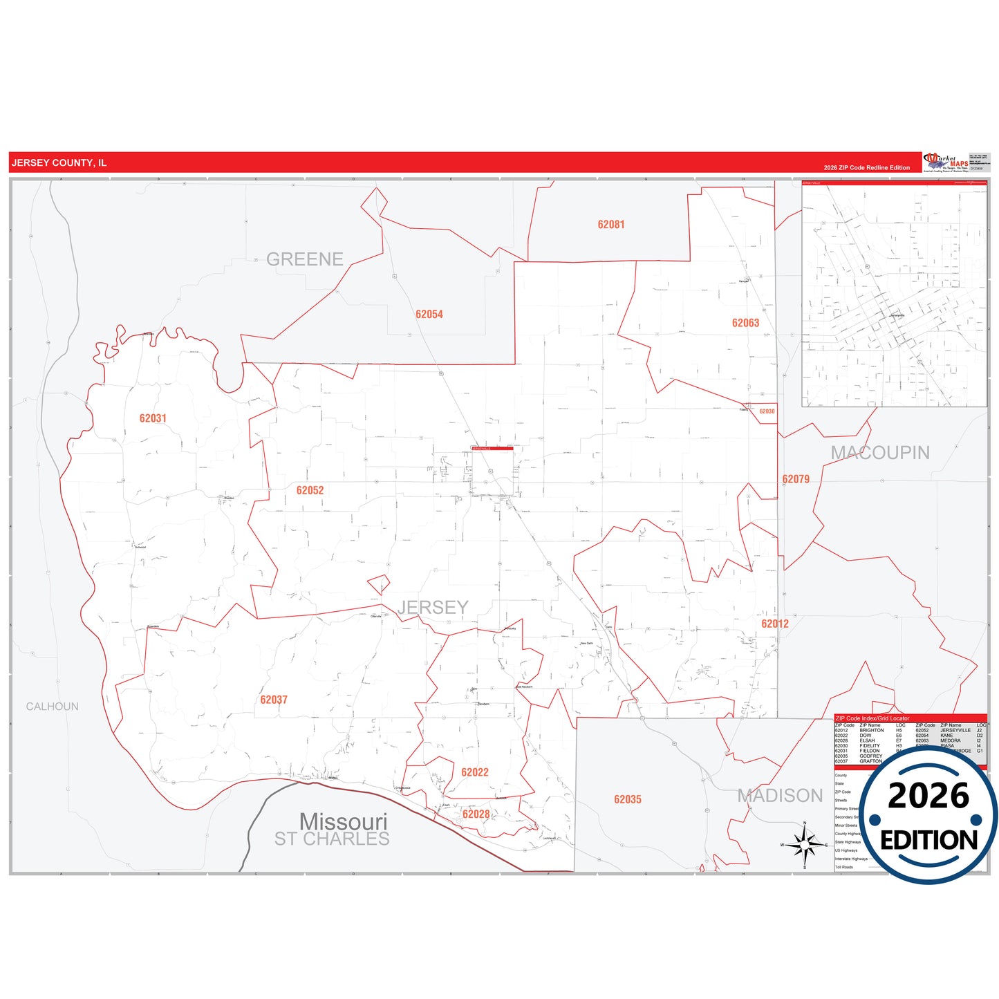 Jersey County, IL Red Line 5 Digit ZIP Code Wall Map