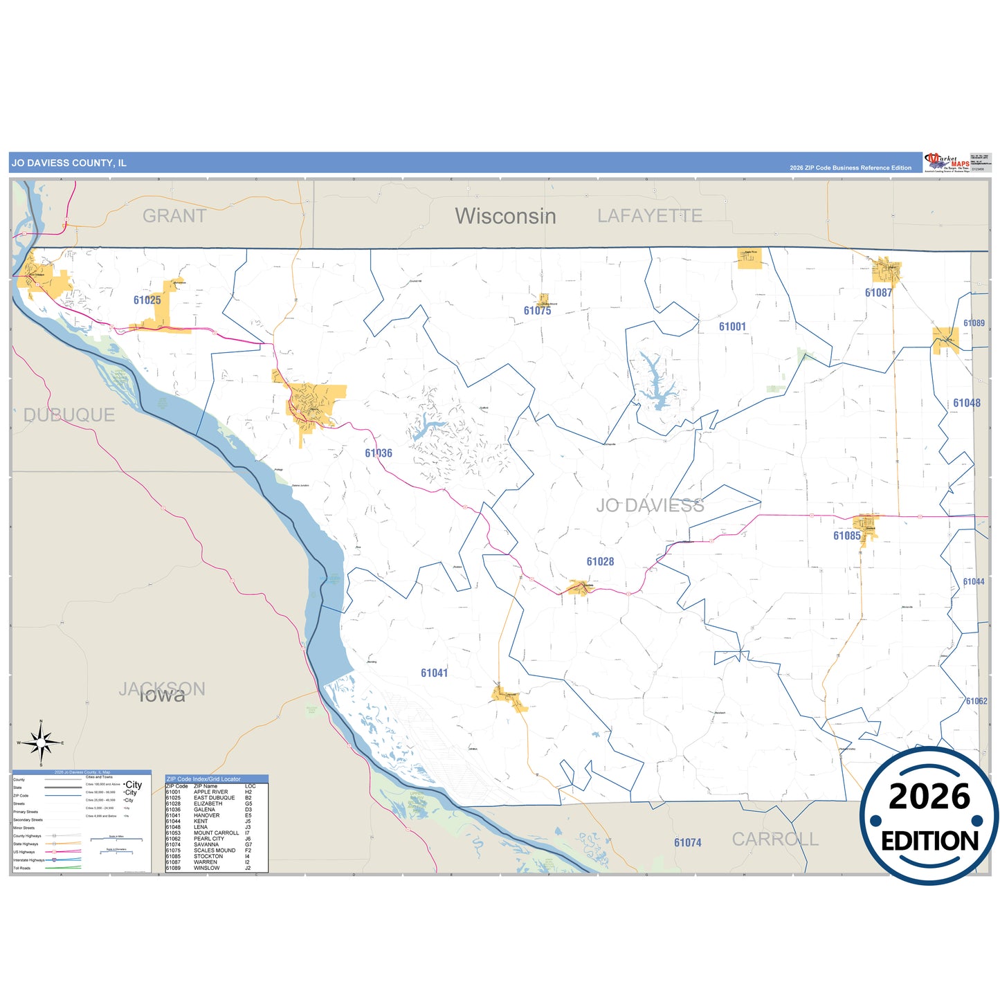 Jo Daviess County, IL Business Reference 5 Digit ZIP Code Wall Map