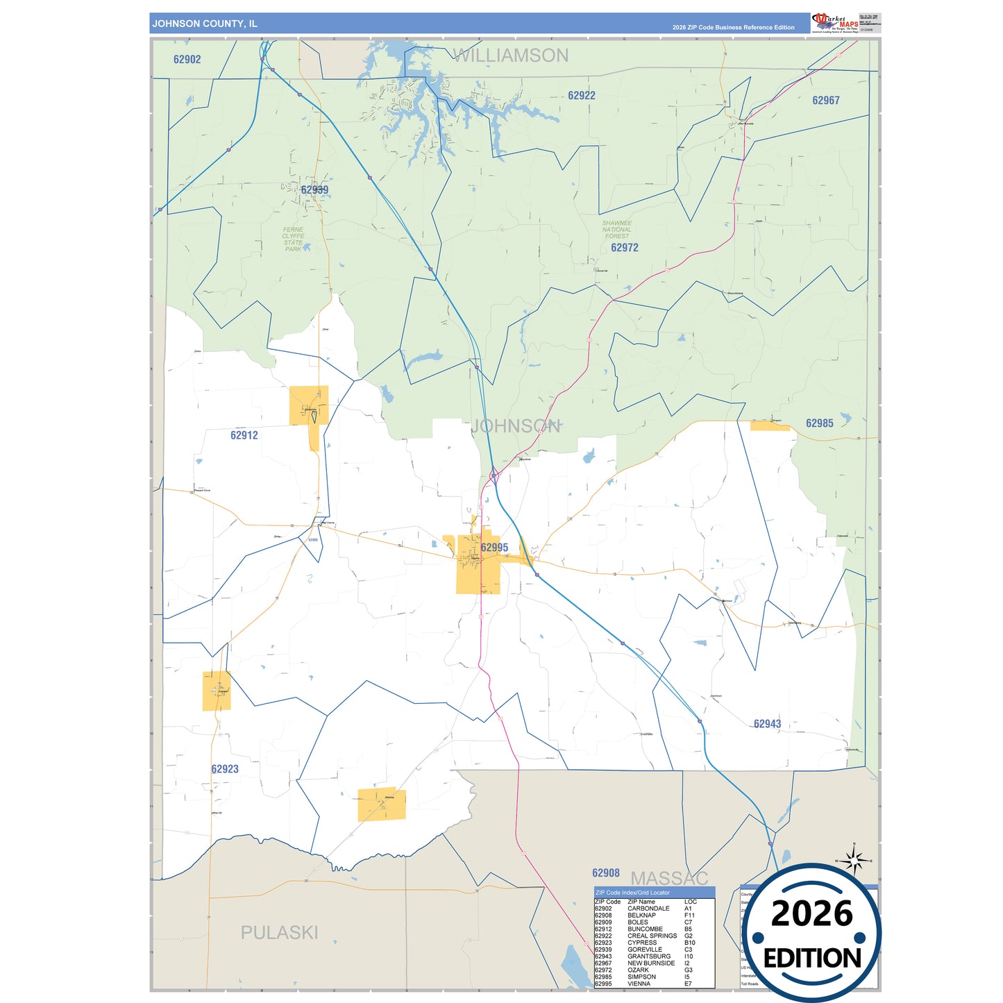 Johnson County, IL Business Reference 5 Digit ZIP Code Wall Map