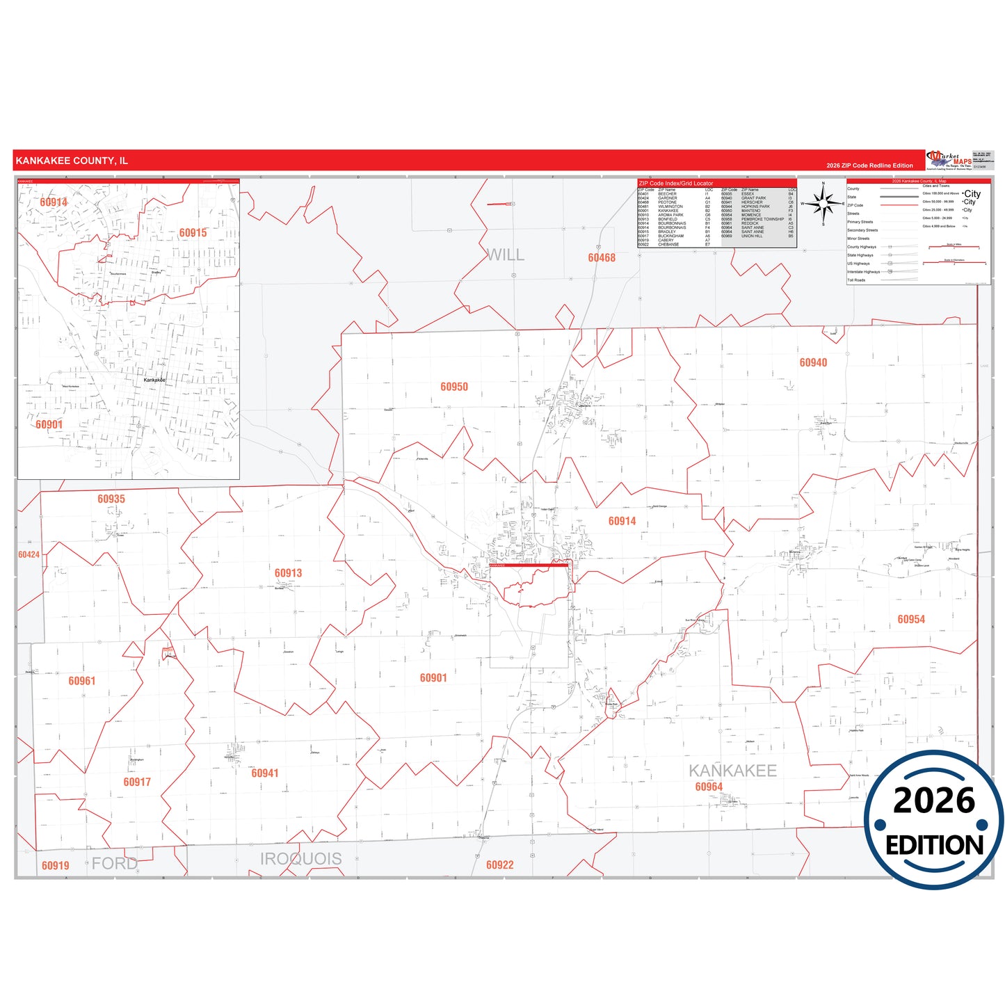 Kankakee County, IL Red Line 5 Digit ZIP Code Wall Map