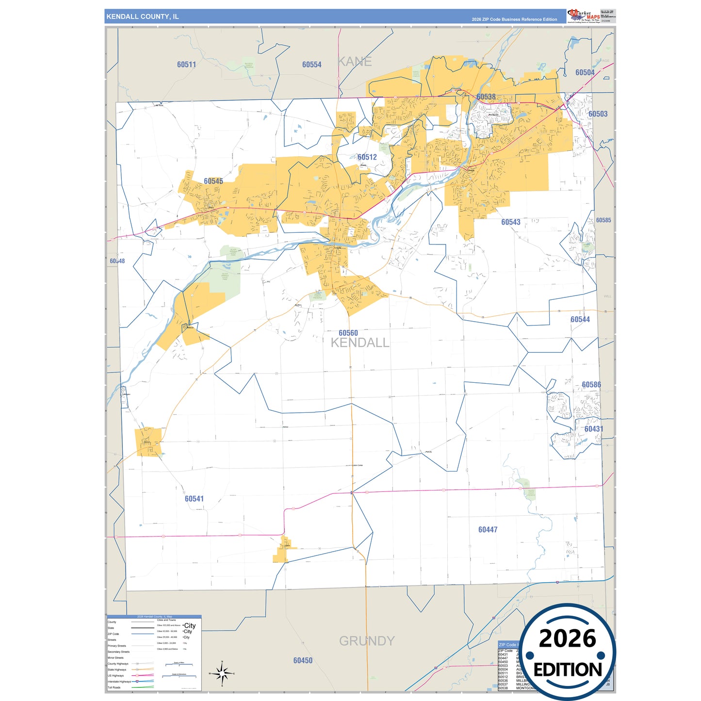Kendall County, IL Business Reference 5 Digit ZIP Code Wall Map
