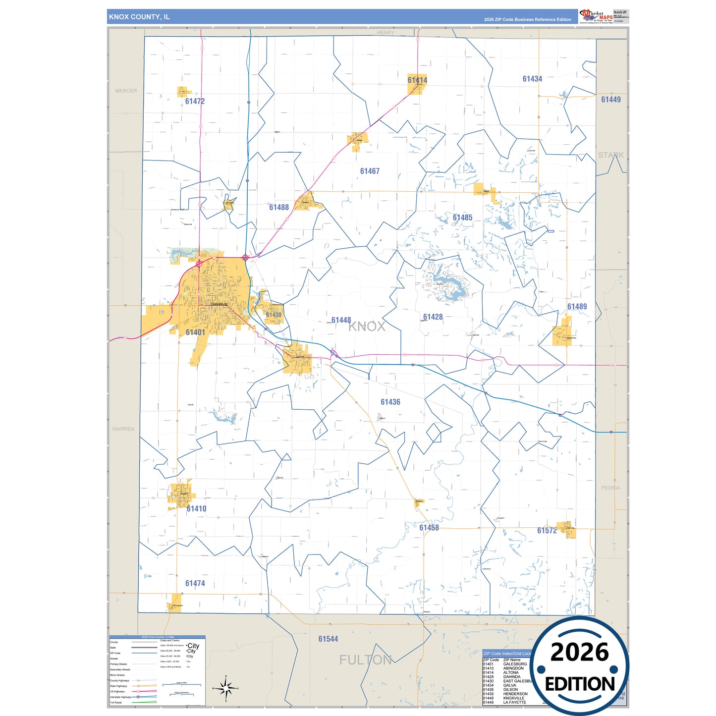 Knox County, IL Business Reference 5 Digit ZIP Code Wall Map