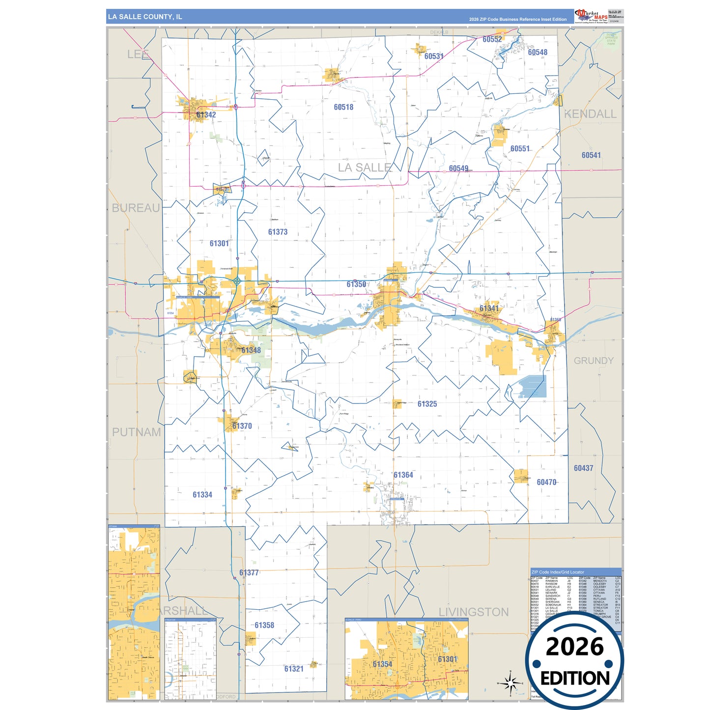 La Salle County, IL Business Reference 5 Digit ZIP Code Wall Map