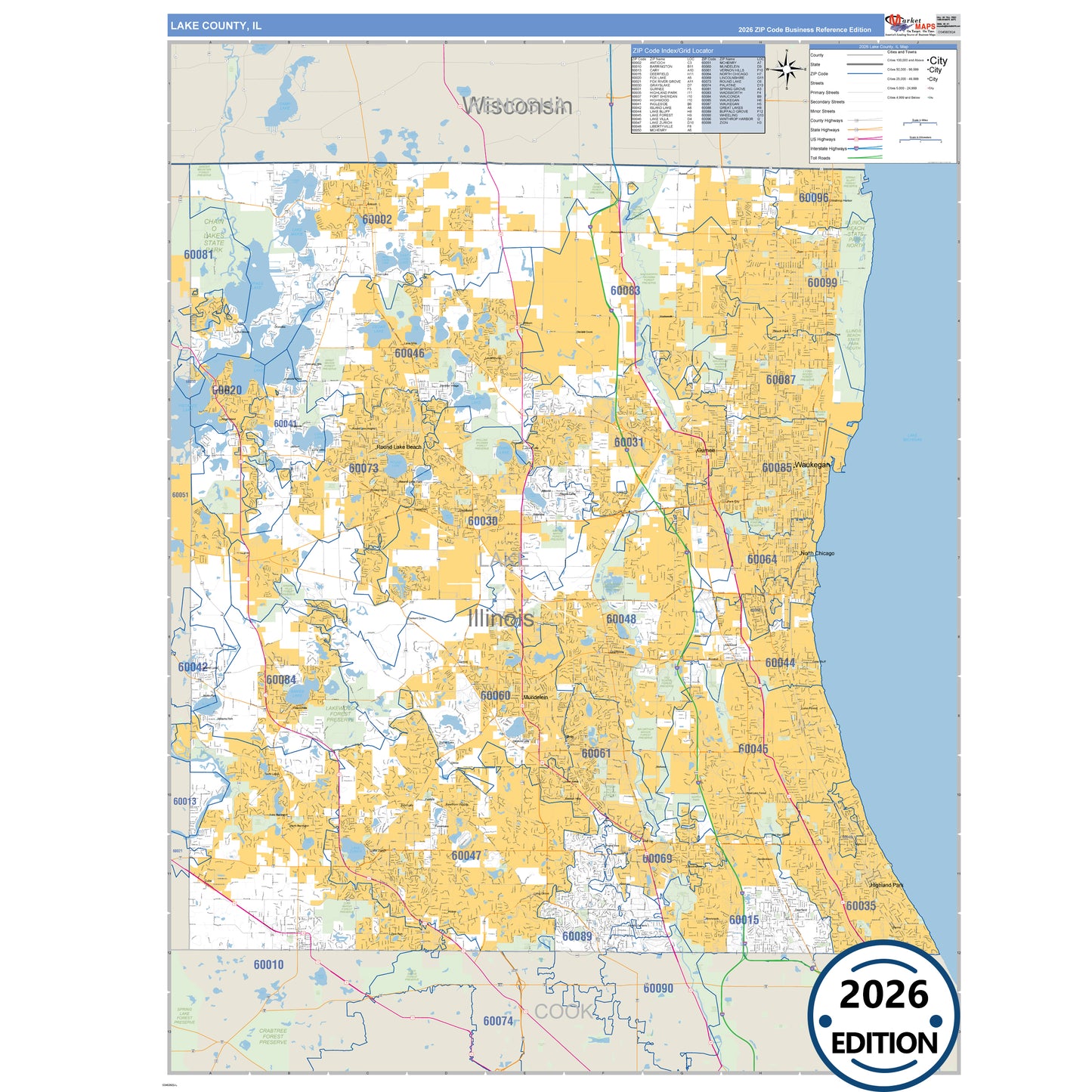 Lake County, IL Business Reference 5 Digit ZIP Code Wall Map