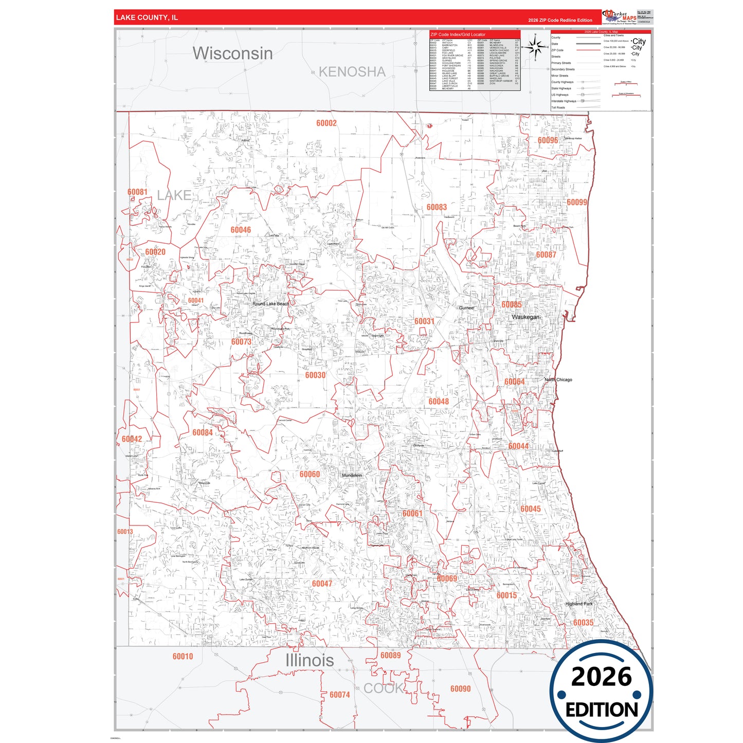 Lake County, IL Red Line 5 Digit ZIP Code Wall Map