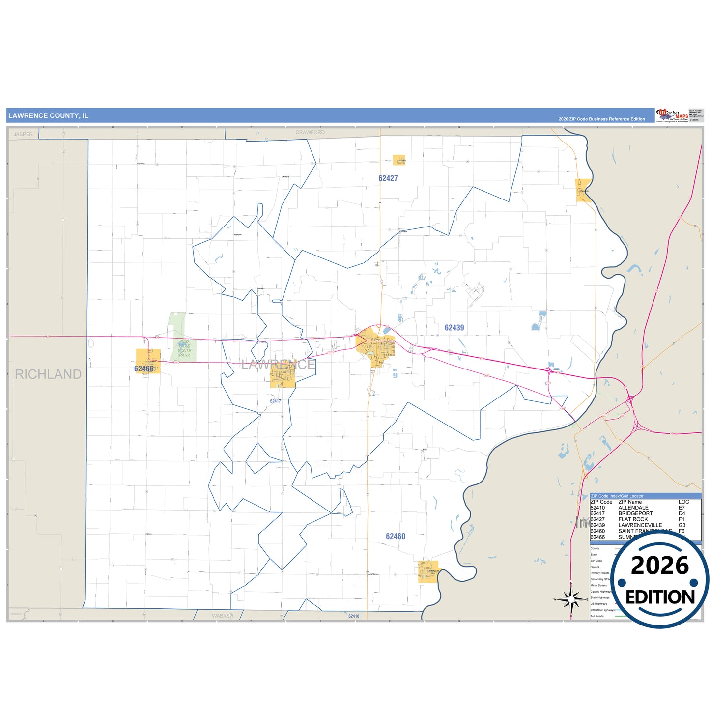 Lawrence County, IL Business Reference 5 Digit ZIP Code Wall Map