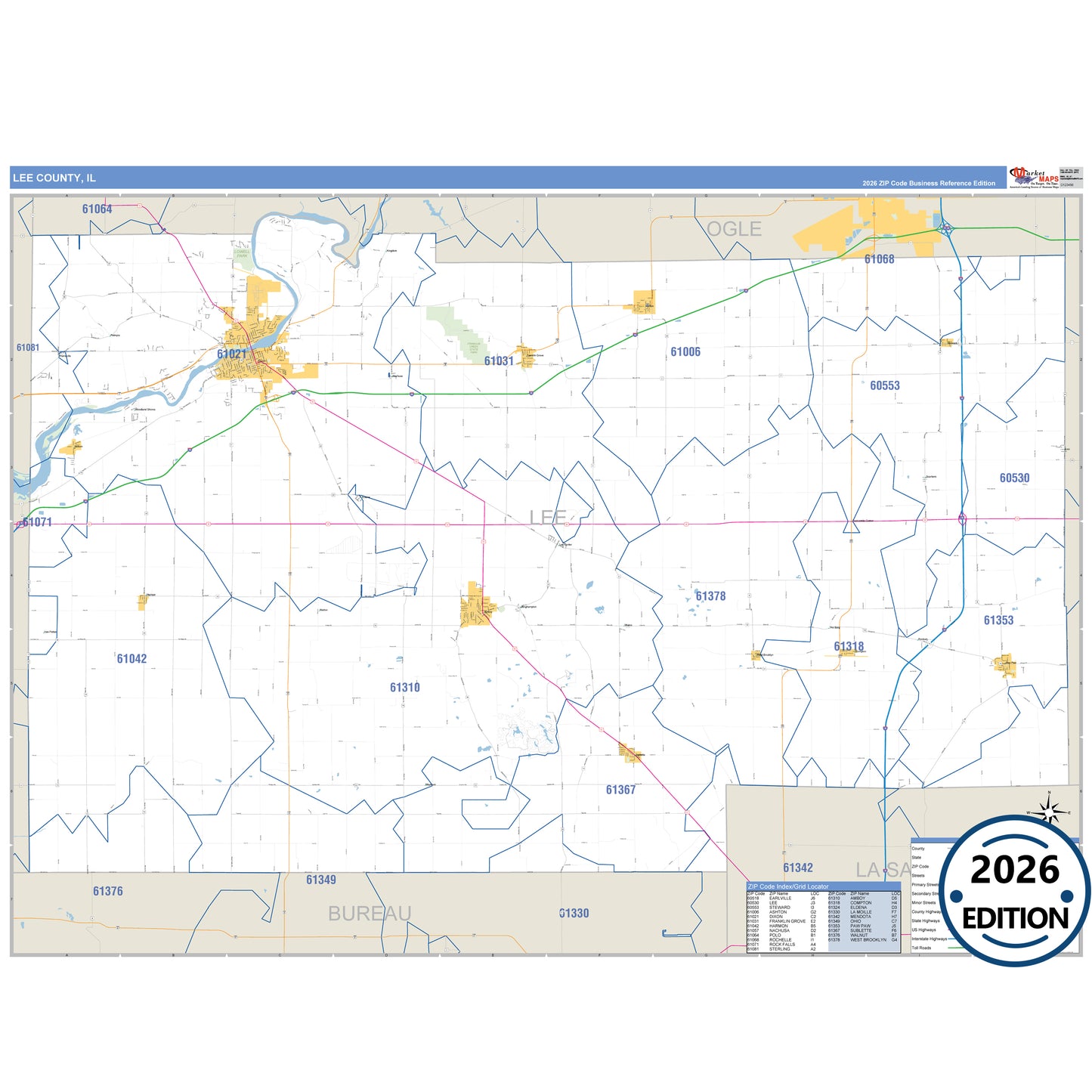 Lee County, IL Business Reference 5 Digit ZIP Code Wall Map