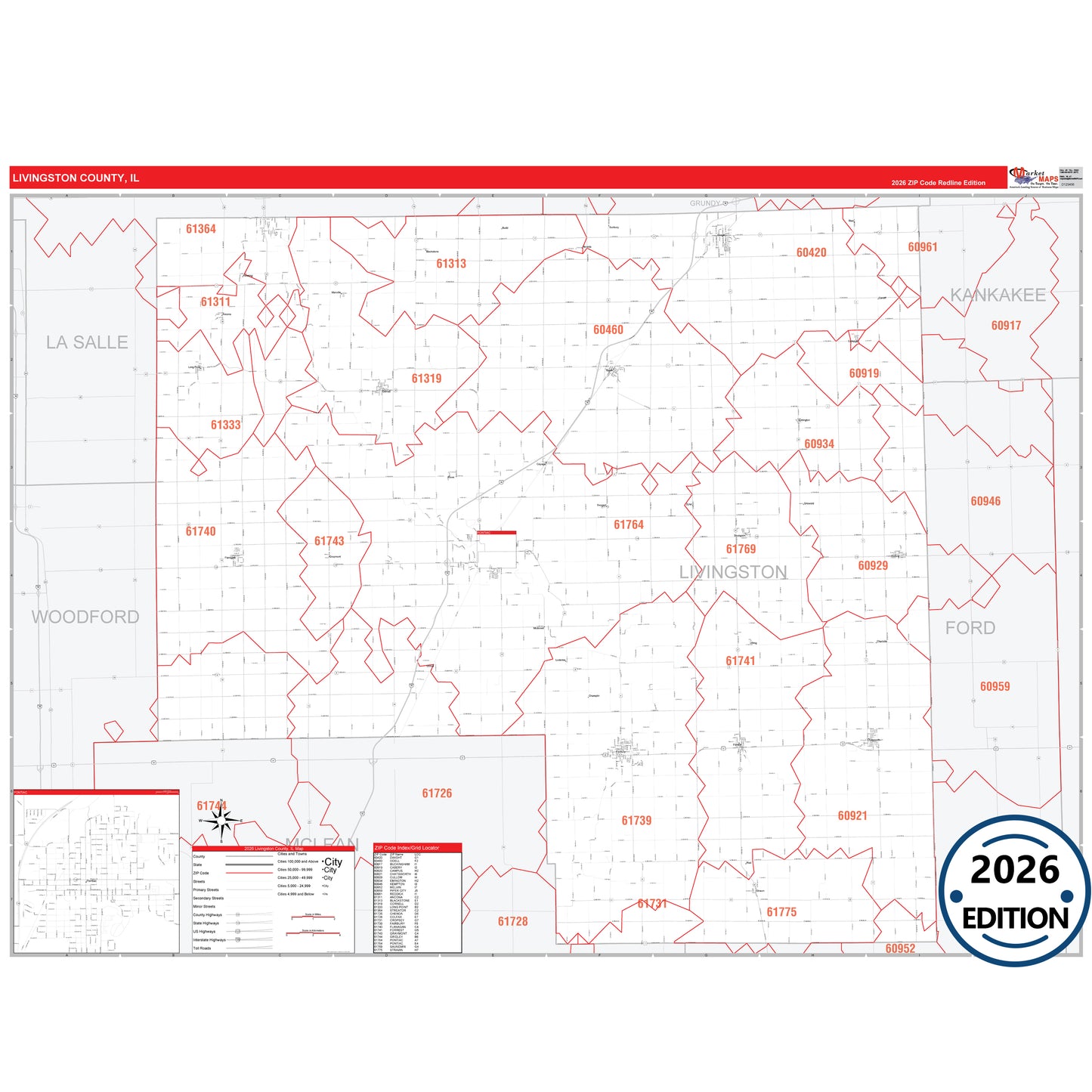 Livingston County, IL Red Line 5 Digit ZIP Code Wall Map