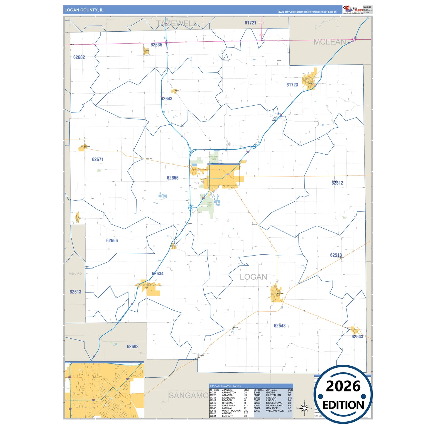 Logan County, IL Business Reference 5 Digit ZIP Code Wall Map