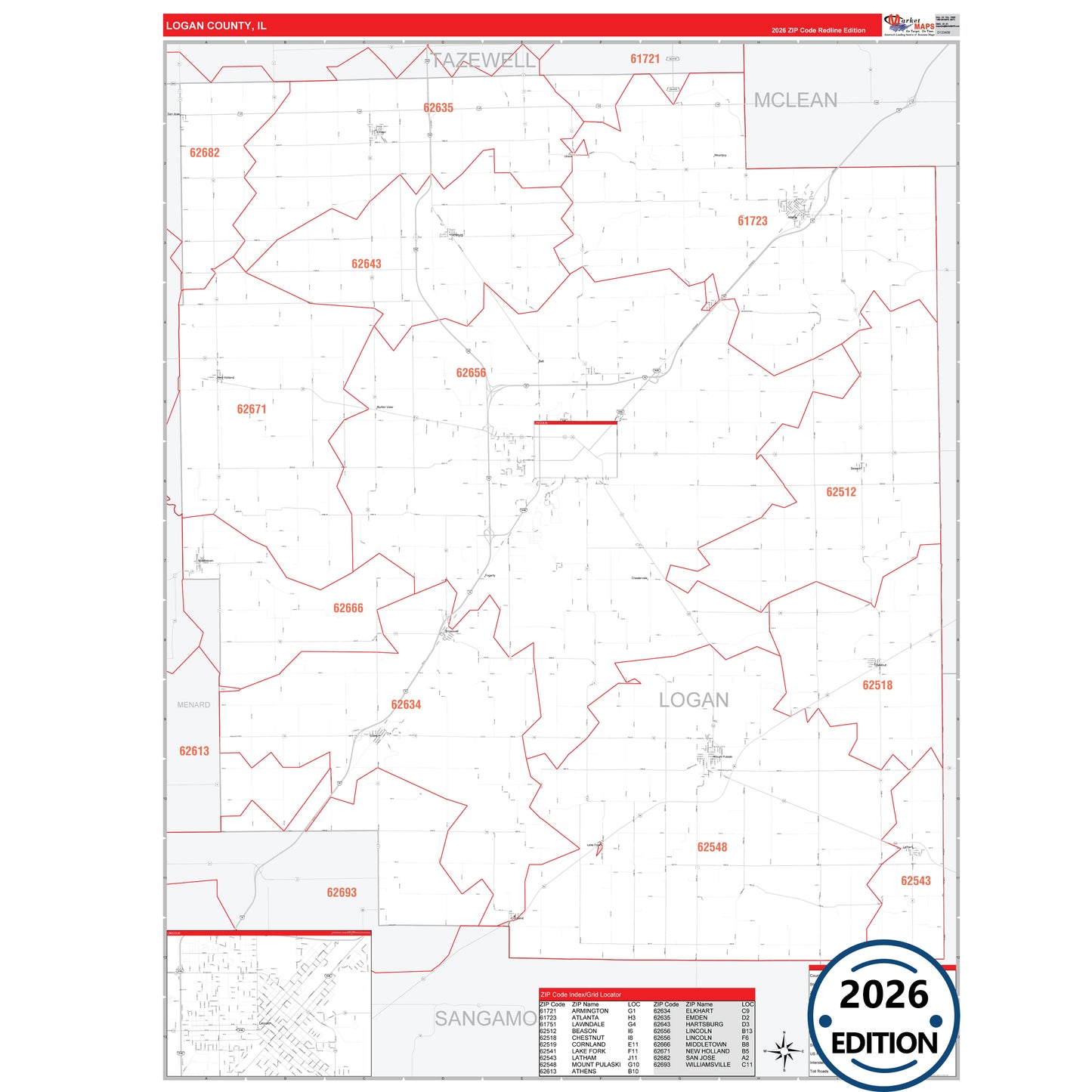 Logan County, IL Red Line 5 Digit ZIP Code Wall Map