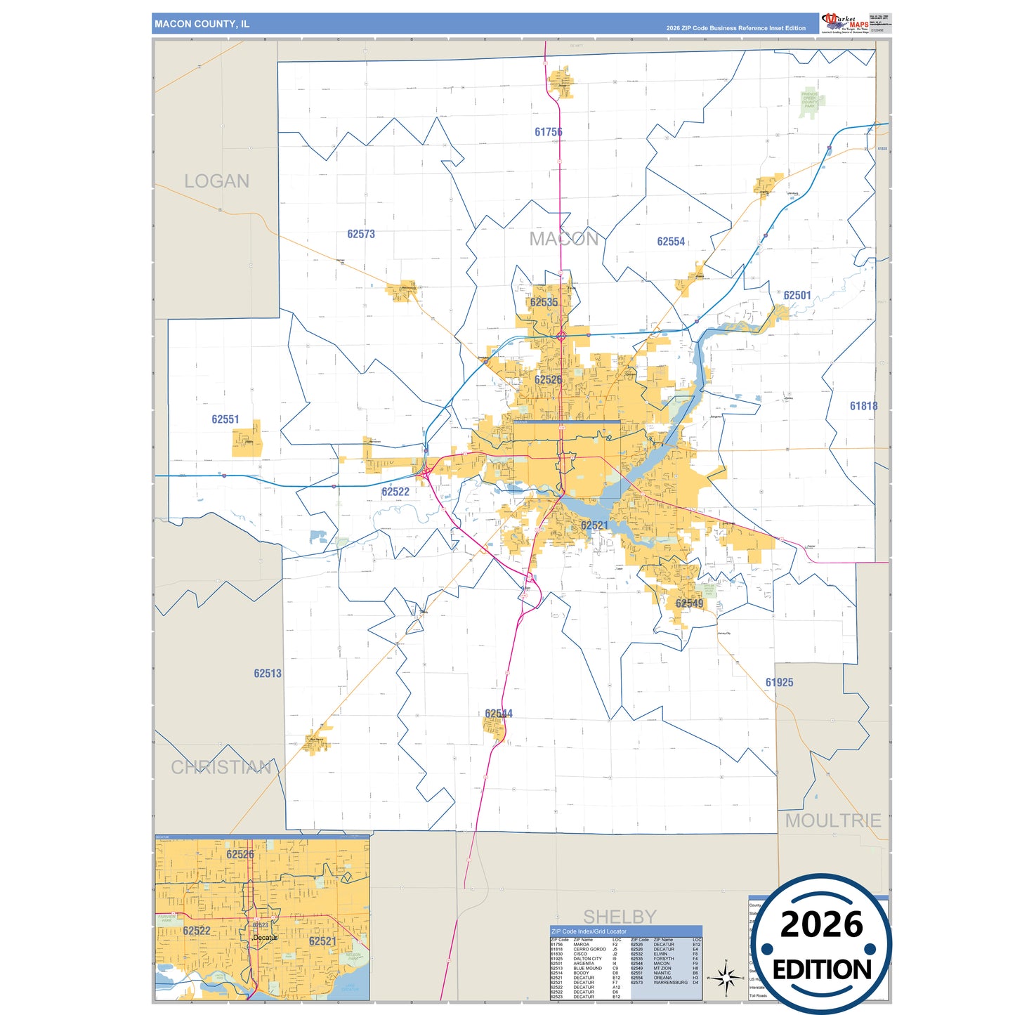 Macon County, IL Business Reference 5 Digit ZIP Code Wall Map