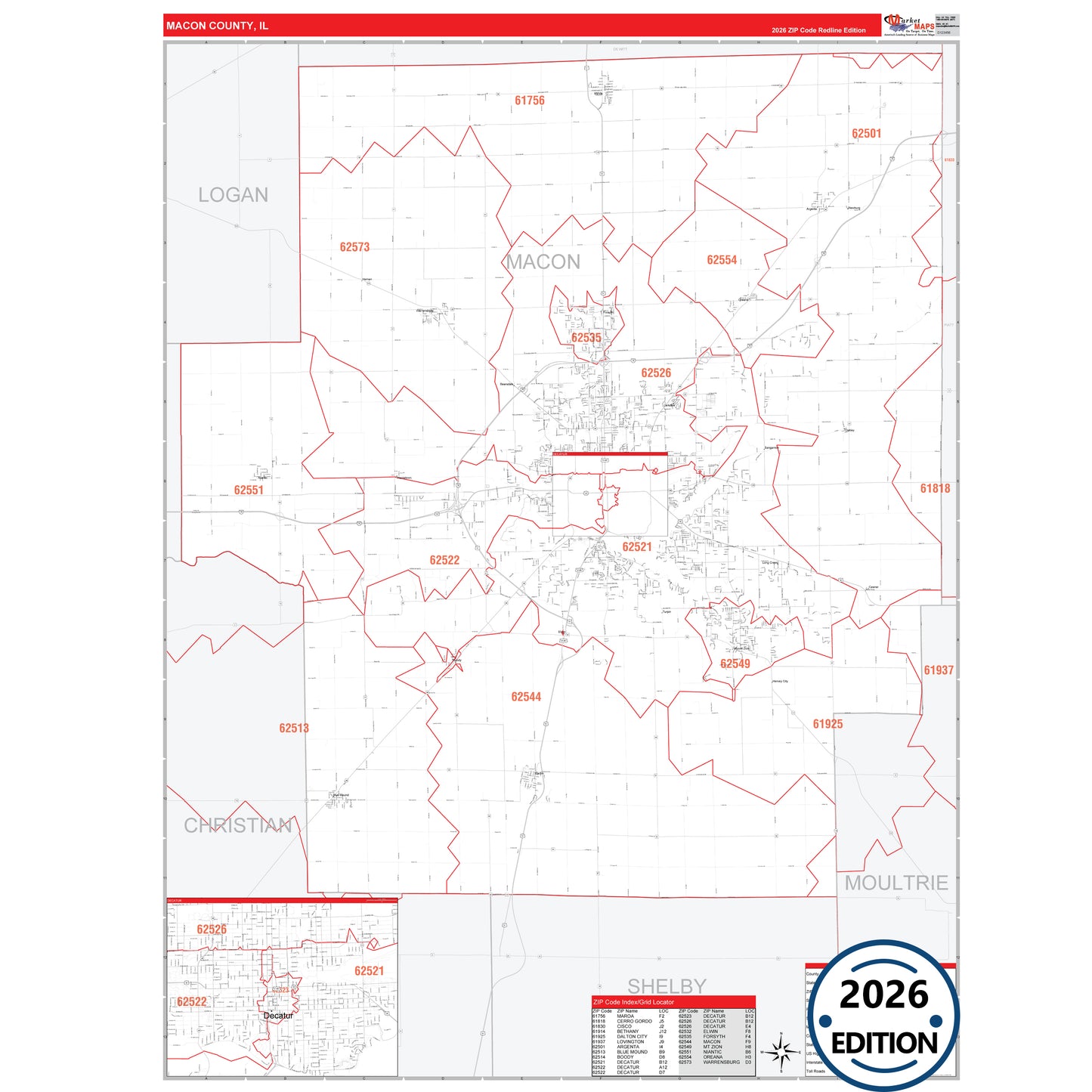 Macon County, IL Red Line 5 Digit ZIP Code Wall Map