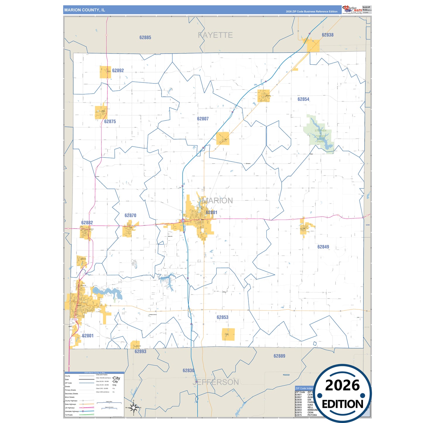 Marion County, IL Business Reference 5 Digit ZIP Code Wall Map