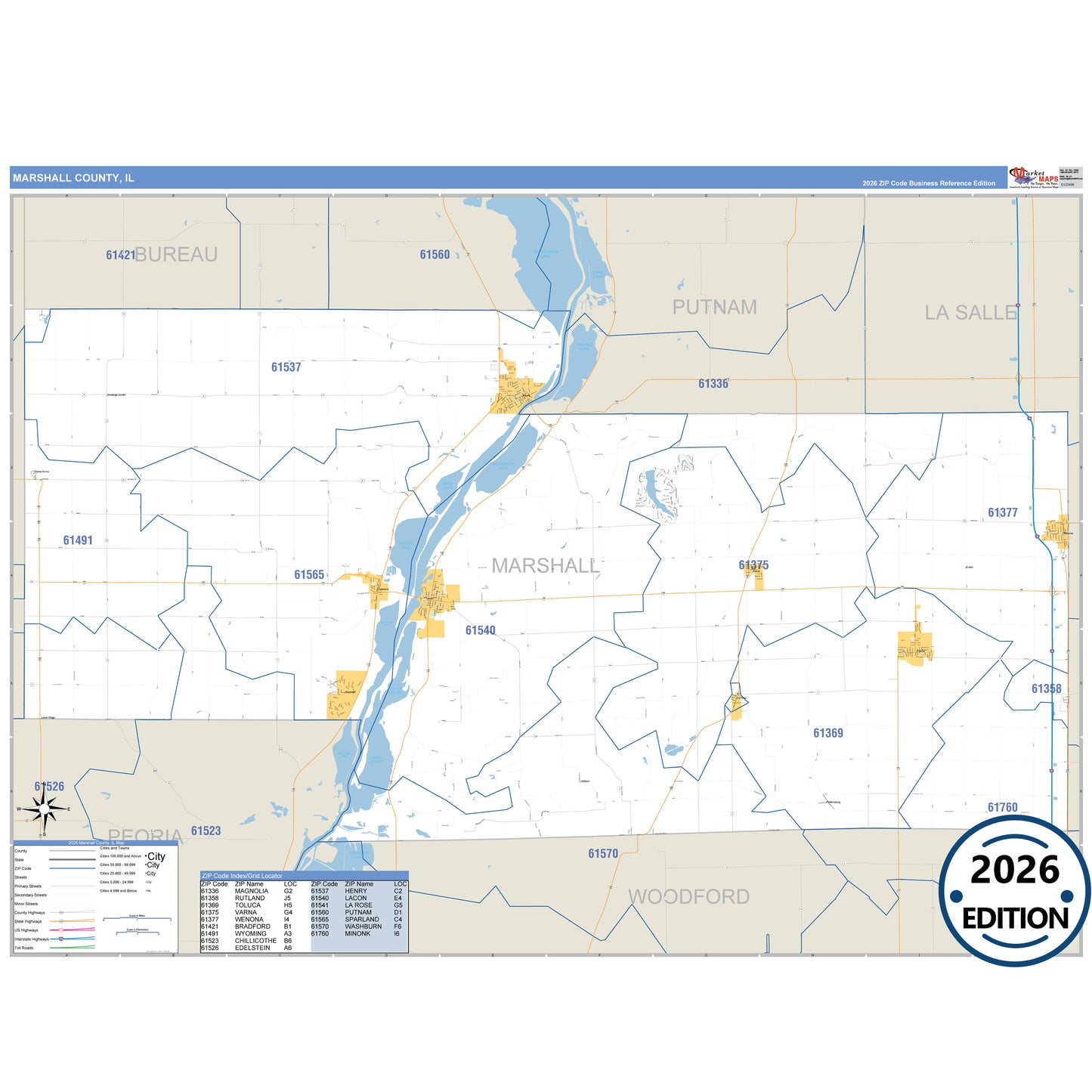 Marshall County, IL Business Reference 5 Digit ZIP Code Wall Map
