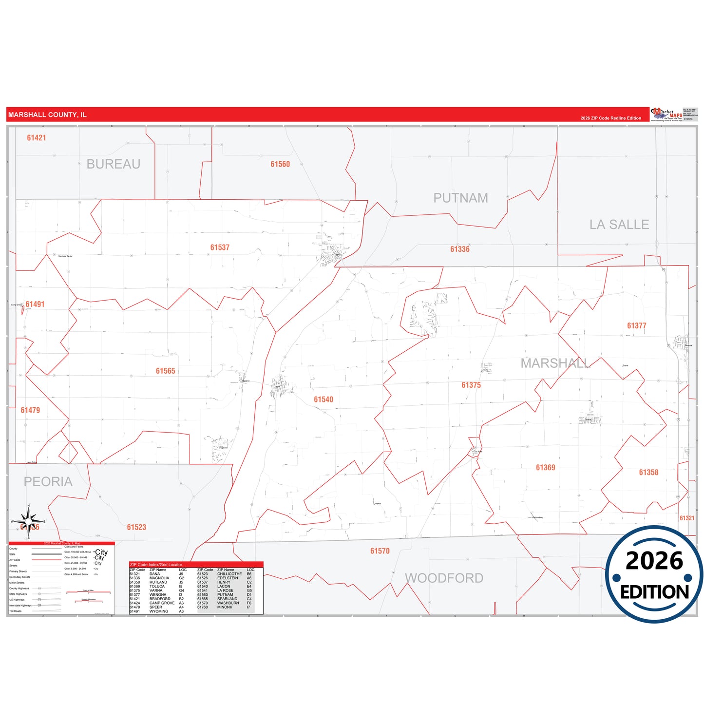 Marshall County, IL Red Line map with detailed roads, cities, and ZIP code boundaries.