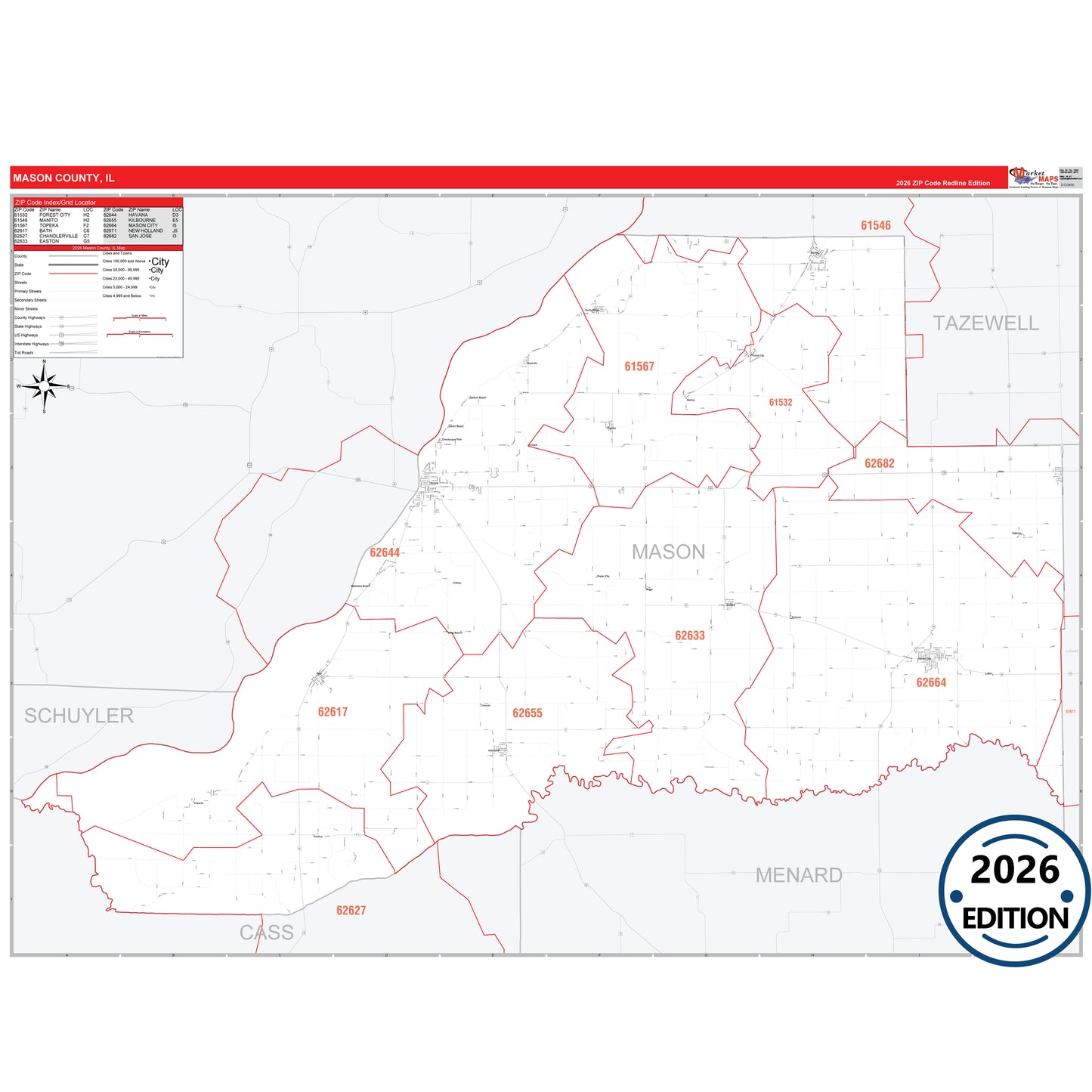 Mason County, IL Red Line 5 Digit ZIP Code Wall Map