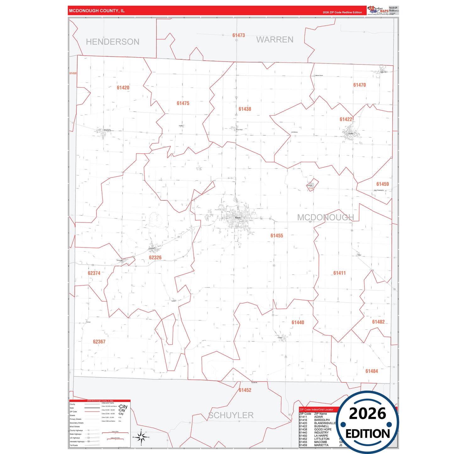 McDonough County, IL Red Line 5 Digit ZIP Code Wall Map